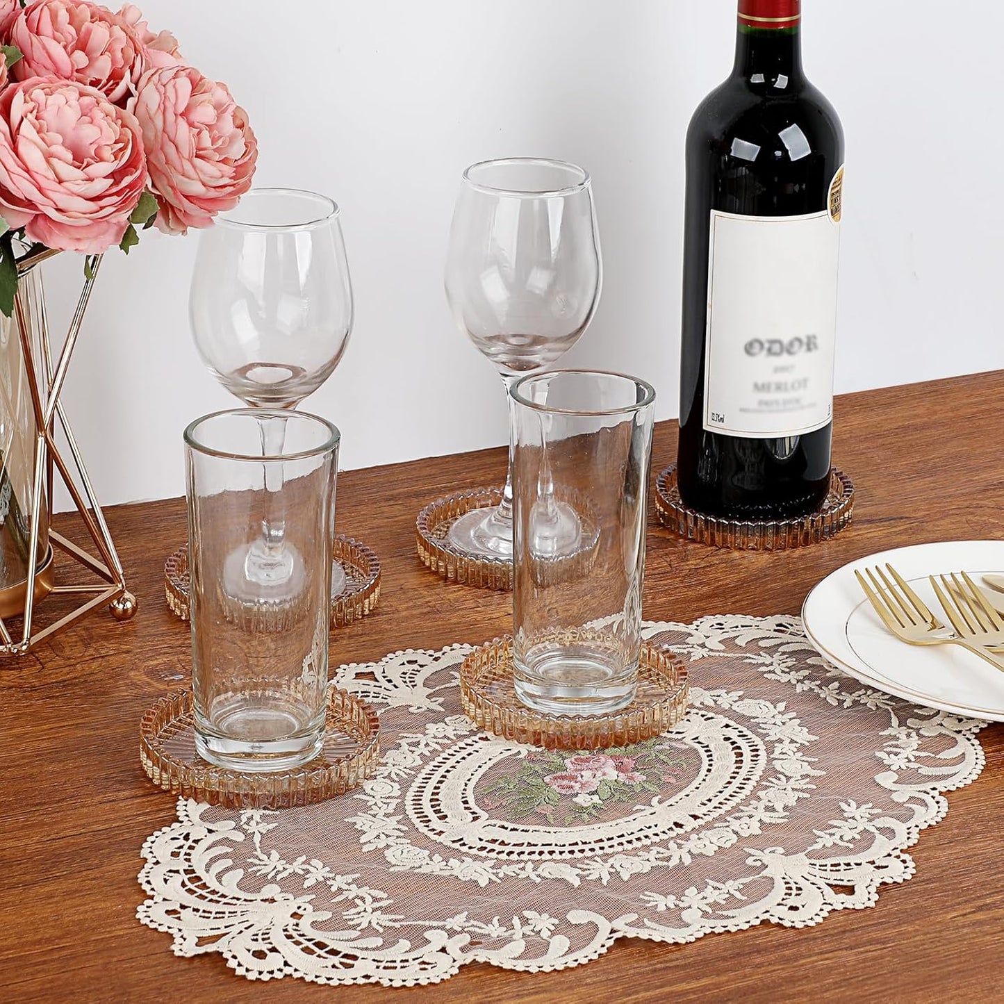 Glass Coasters for Drinks Crystal Coaster Round Chic Cup Mat Coffee Table / Amber / Clear / Set of 5