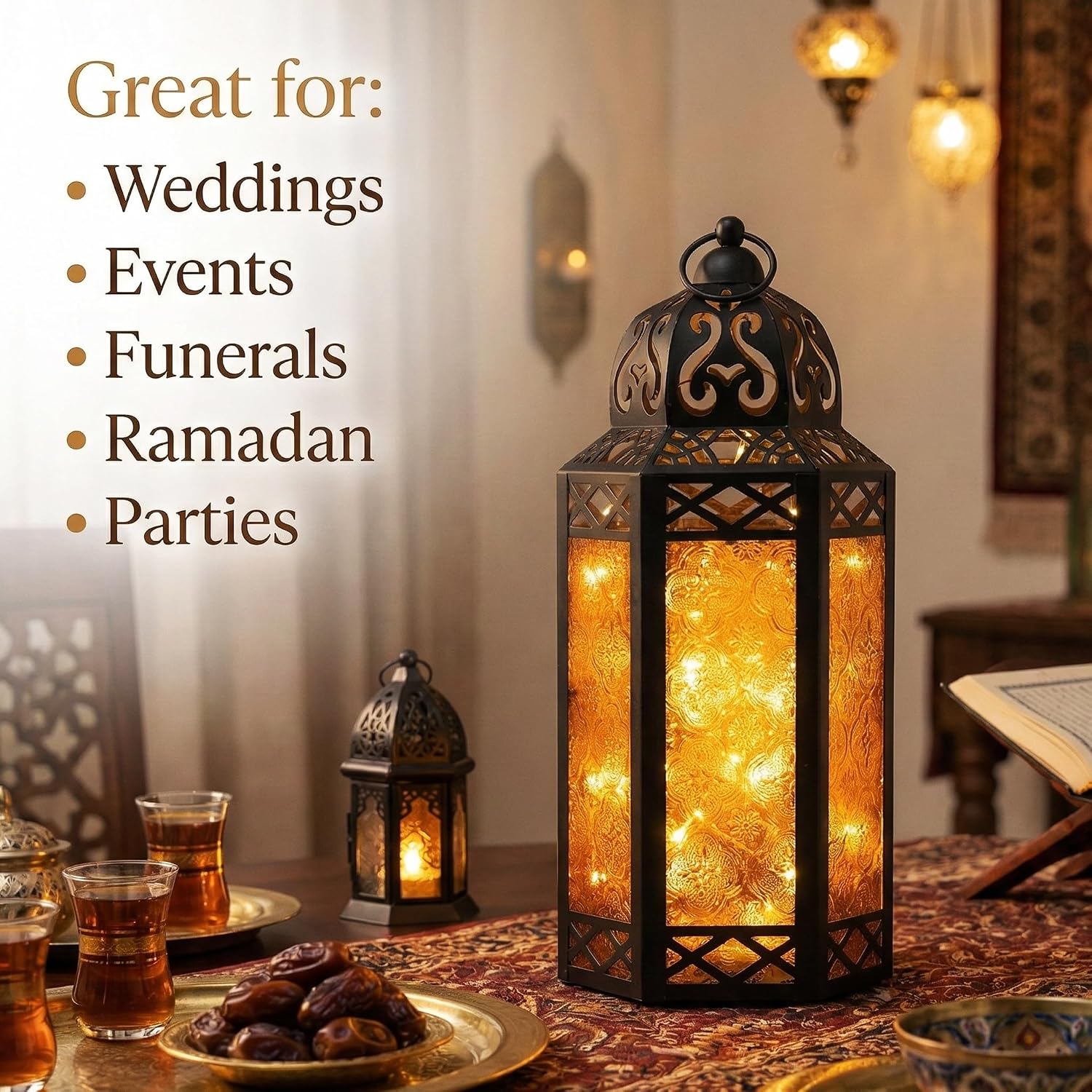 Vela Lanterns Decorative Indoor LED Light Halloween Holder, Amber, L, 2-PK | Orange Fall Decorations, Fantasy Moroccan