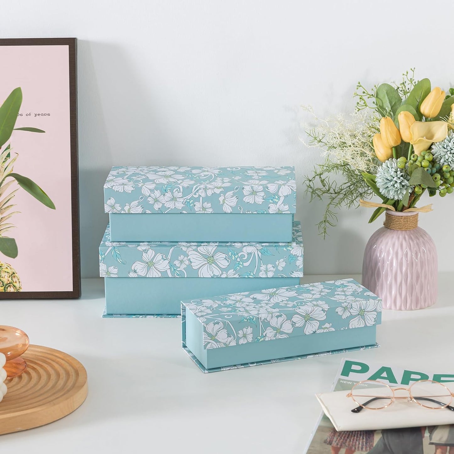 Cardboard Boxes / Decorative Storage Boxes / Blue Botanical / Set of 3
