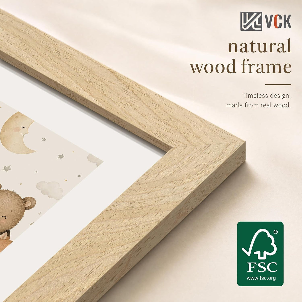 VCK 9x12 Picture Frame Set of 3, Natural Solid Wood, Wall/Tabletop Display | Wide Border, Light Woodgrain, Shatterproof