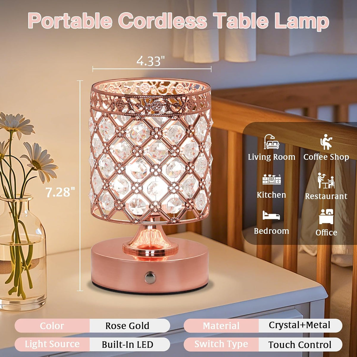 Rose Gold Crystal Rechargeable Cordless Table Lamp, Touch Small Desk Lamp | 6000mAh Battery, 3 Color Temps, Stepless