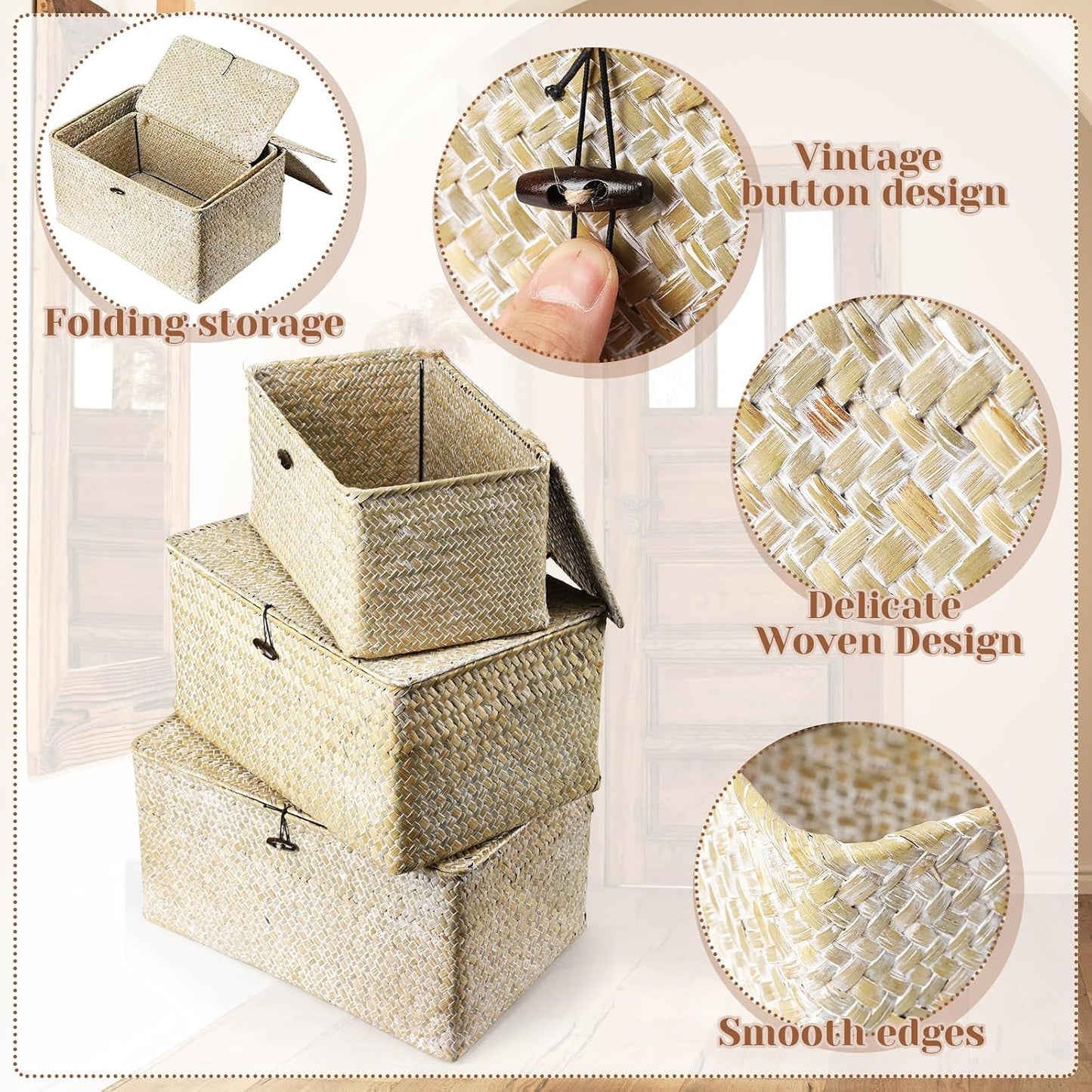 Seagrass Basket / Lids Bin Woven Organizer / White / Classic Style / Set of 6