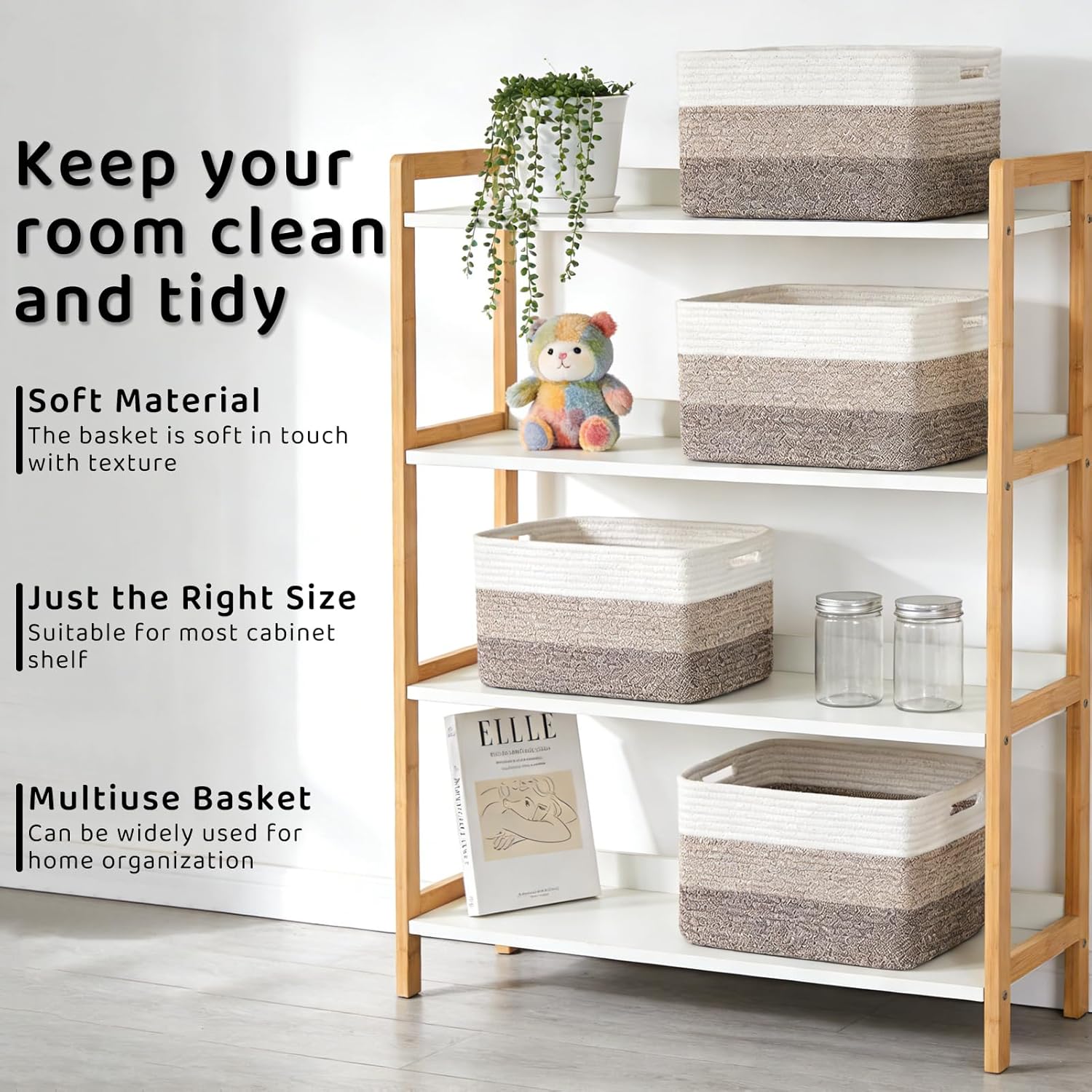 12''Lx9''Wx8''H Woven Baskets for Storage Toys / White & Khaki / Large / Set of 4