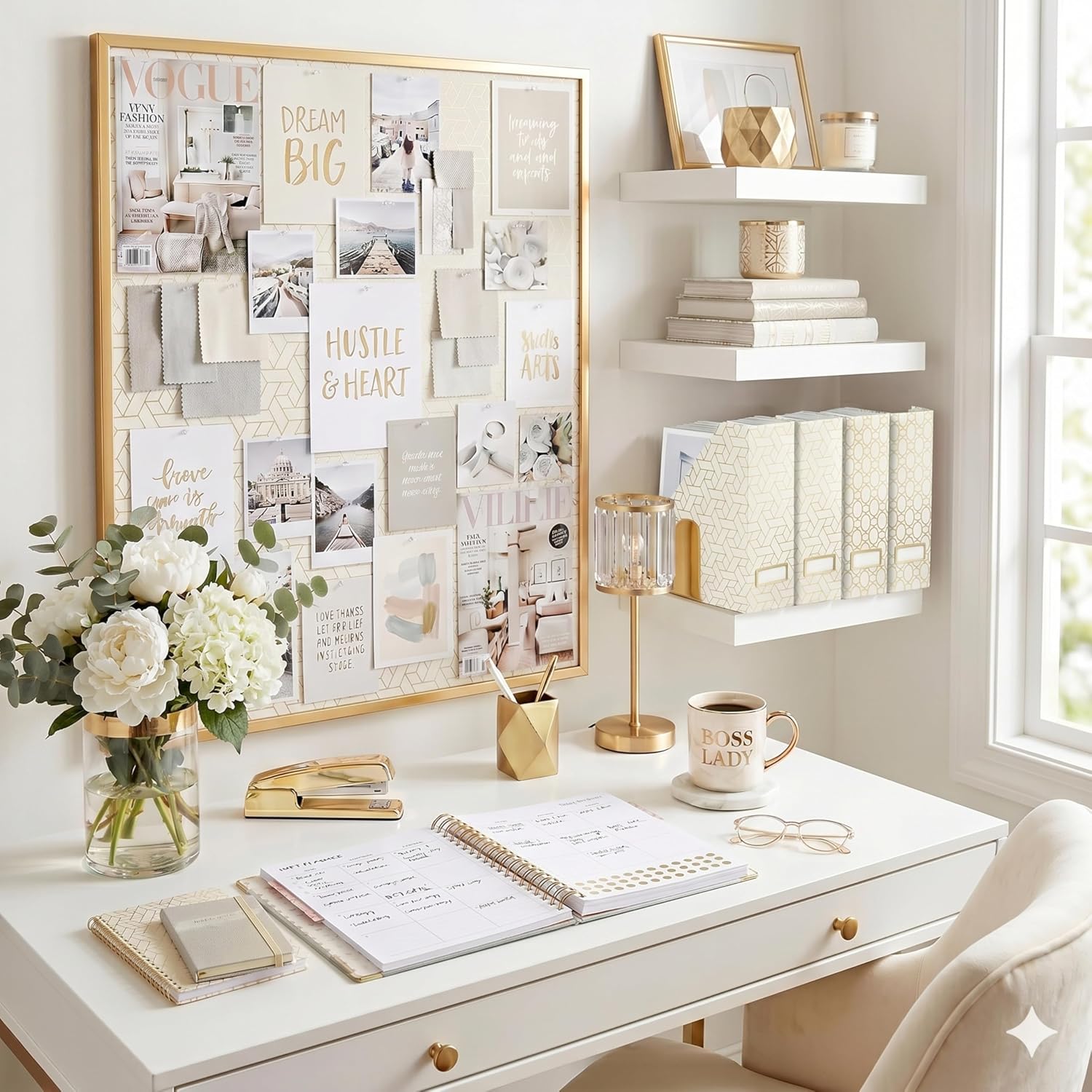 BLU MONACO | Cardboard Magazine File Holder Set of 4 | Vertical Magazine File Holder for Desk and Shelves | Cream Gold