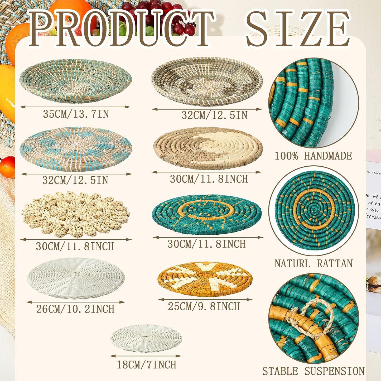 Boho Wall Basket Decor Bulrush Woven Wall Hanging Art Round Farmhouse Rustic / Bright / Set of 11