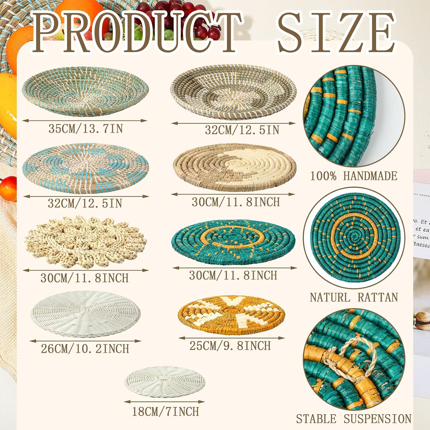 Boho Wall Basket Decor Bulrush Woven Wall Hanging Art Round Farmhouse Rustic / Bright / Set of 11