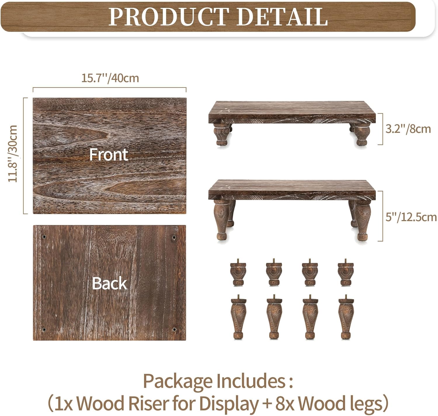 Wooden Riser Decorative Tray / Distressed / Rustic Brown
