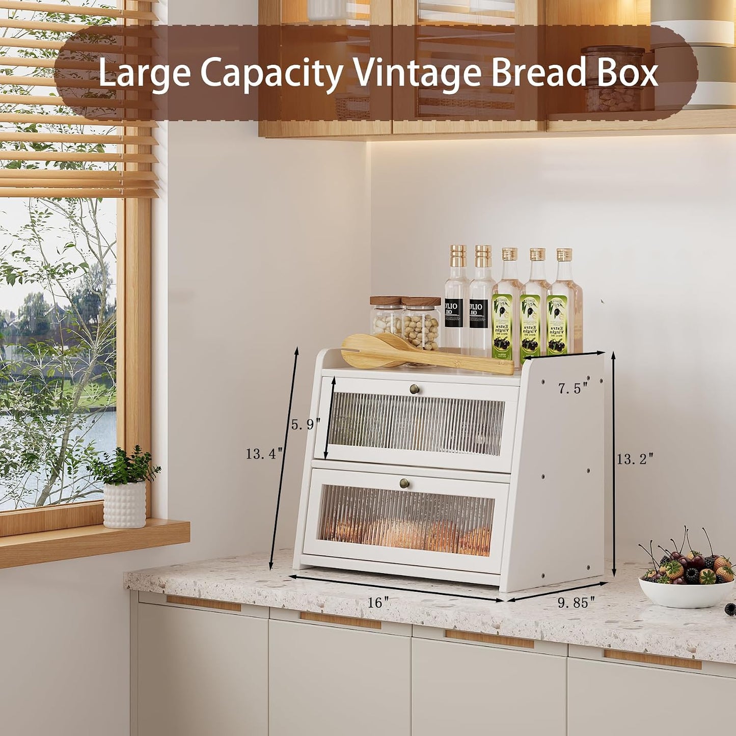 Double Layer Large Bamboo Bread Box for Kitchen Counter, Wooden Large Capacity Bread Storage Bin with Window Bread