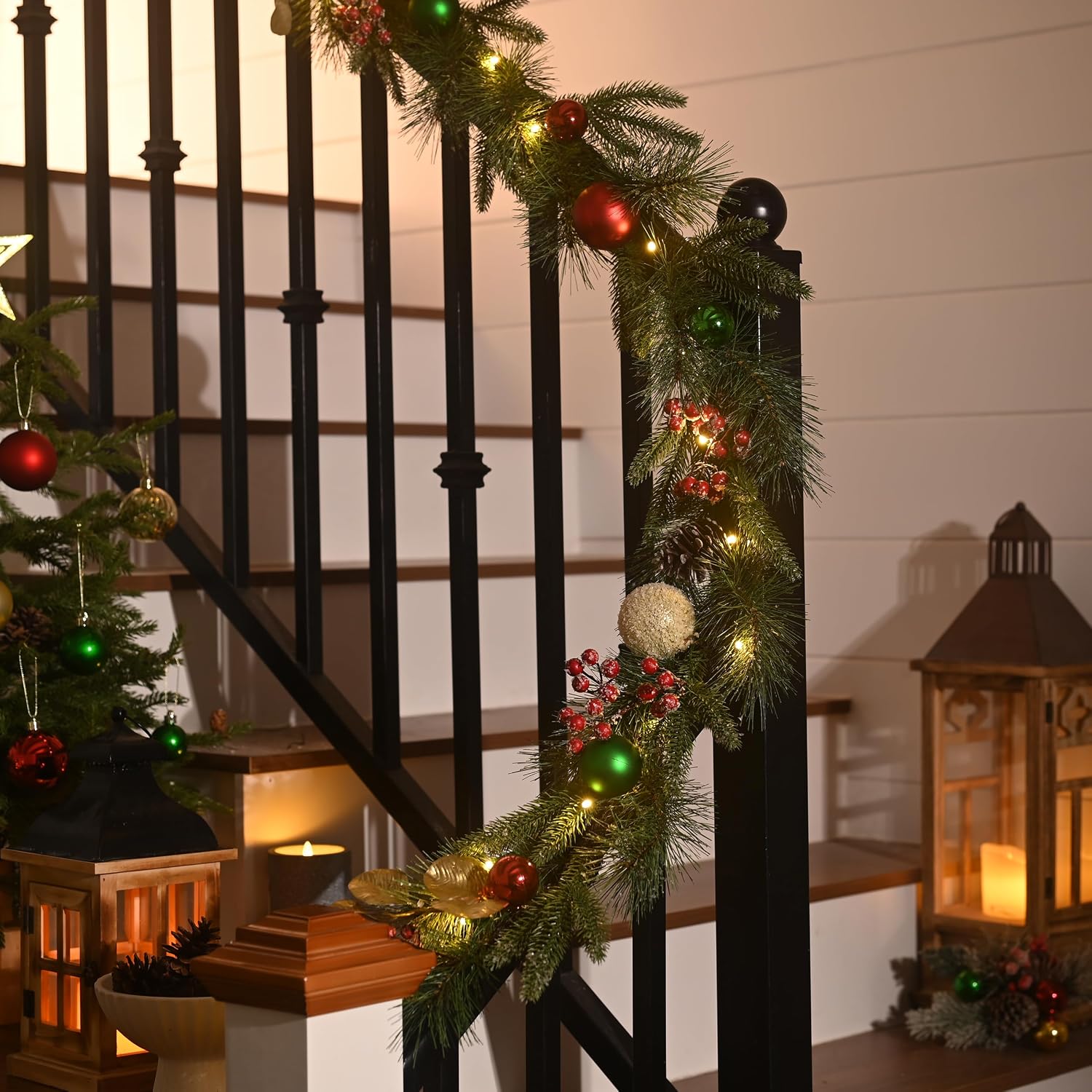 Valery Madelyn 9 Ft Pre-Lit Christmas Garland with Light for Mantle, Lighted Outdoor Xmas Garland with Red Green Gold