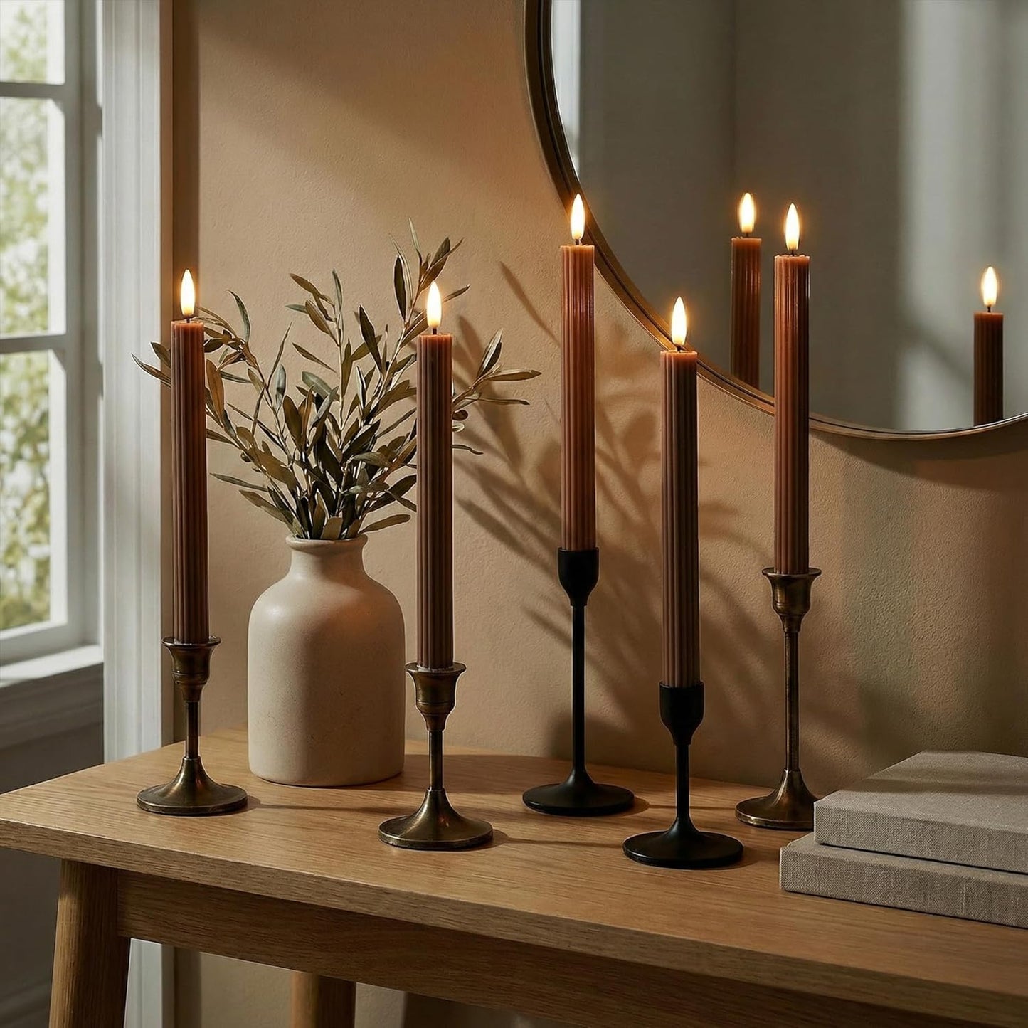 10" Fluted Ribbed LED Brown Tan Grooved Pillar Candles with 2 Remotes & 24h Timer Memory, On/Off Switch - Flameless