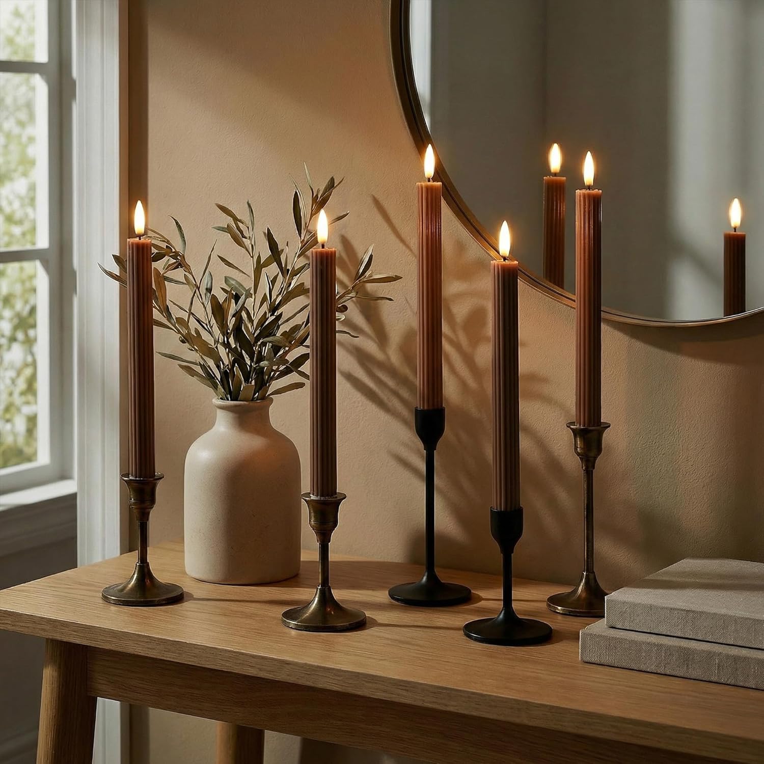 10" Fluted Ribbed LED Brown Tan Grooved Pillar Candles with 2 Remotes & 24h Timer Memory, On/Off Switch - Flameless