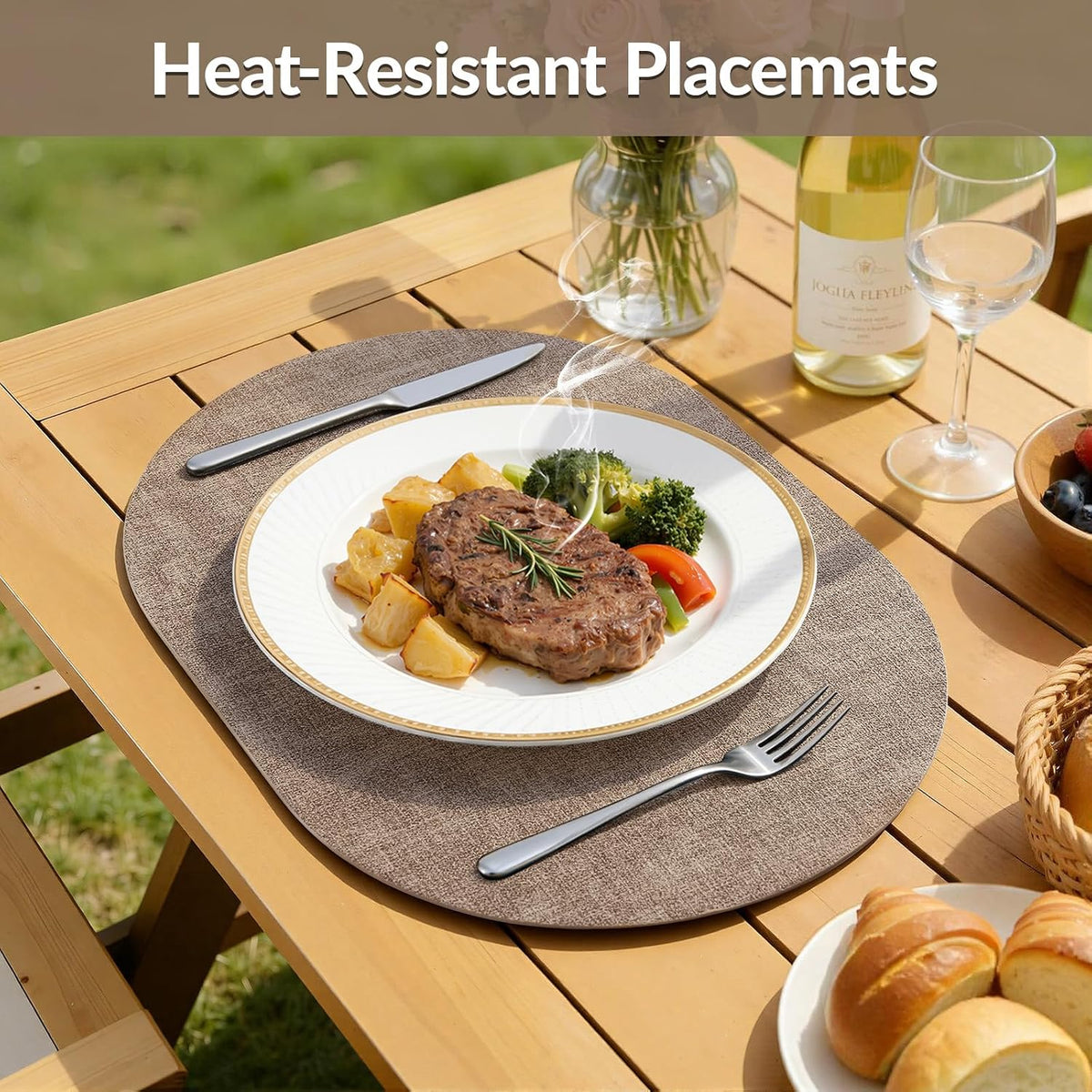 Placemats Set of 4, 11.8 x 17 Inch, Light Brown | Heat Resistant Oval Faux Leather Place Mats, Waterproof Wipeable