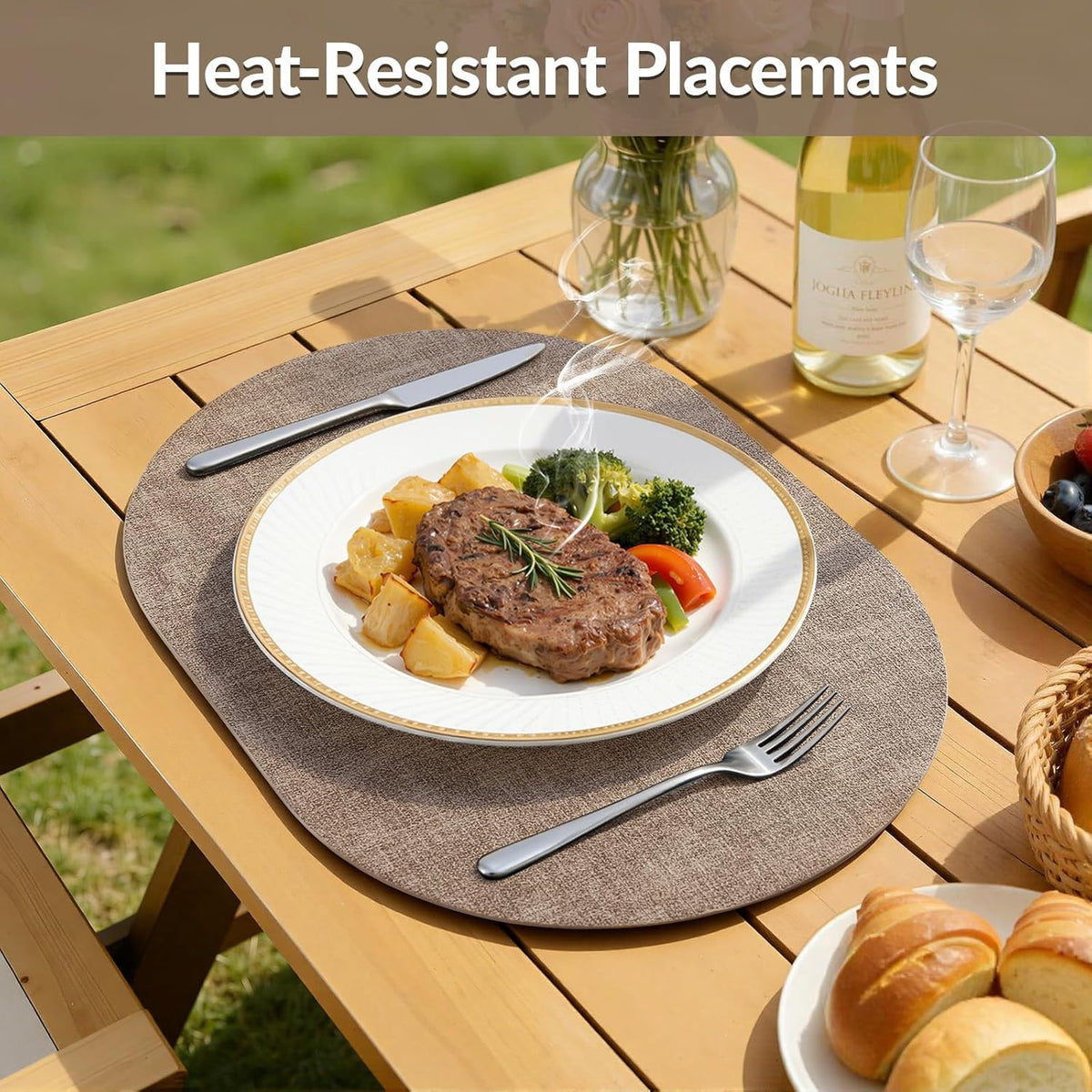 Placemats Set of 6, 11.8 x 17 Inch, Light Brown | Heat Resistant Oval Faux Leather Place Mats, Waterproof Wipeable