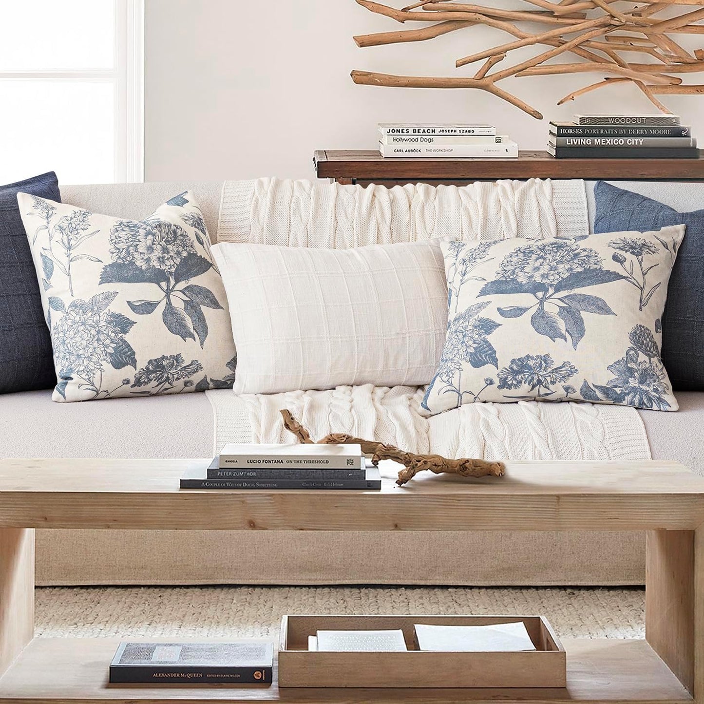 Linen Floral Vintage Throw Pillow Covers Neutral Accent Print / 18 x 18 / Aegean Blue / Set of 2