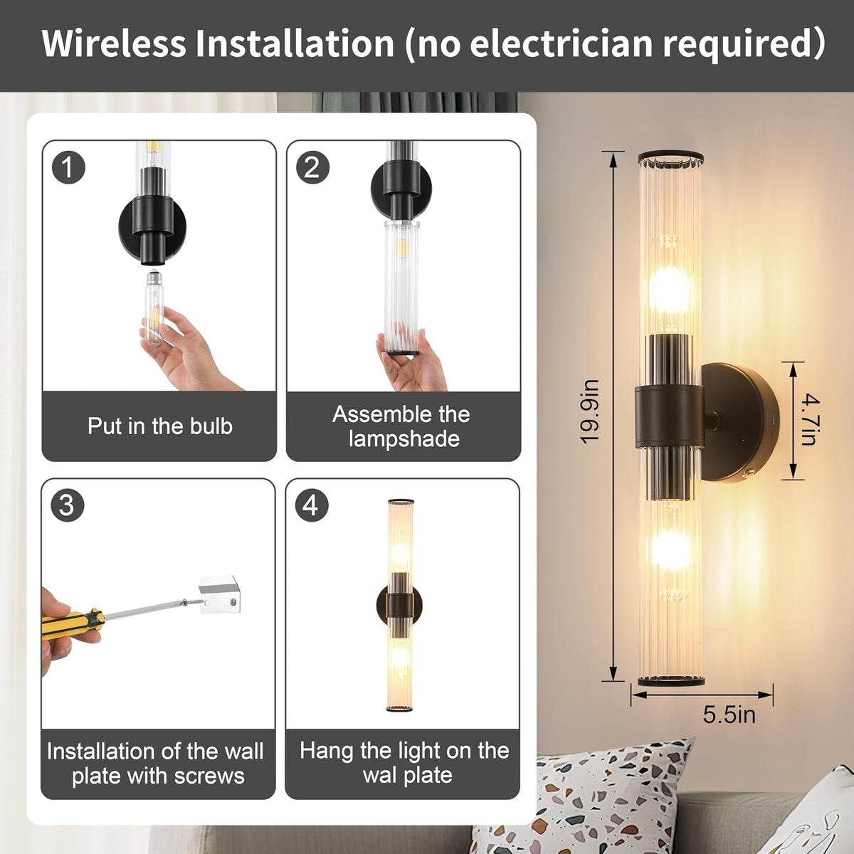 Morauroral Black Battery Operated Wall Sconces Set of 2 | Rechargeable Wall Lights with Remote, 20 Inch Modern Wireless