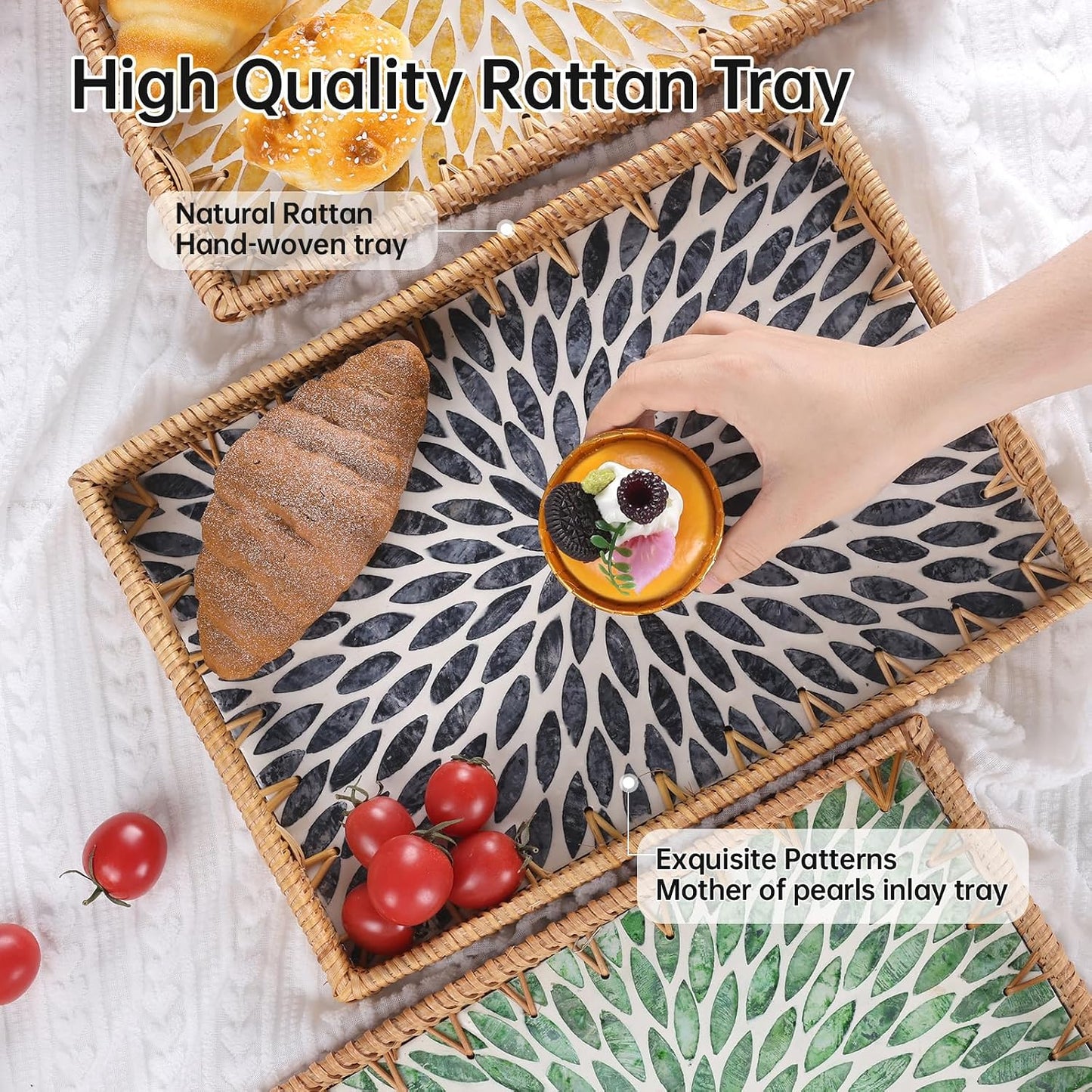 Rattan Serving Tray / Black Leaf