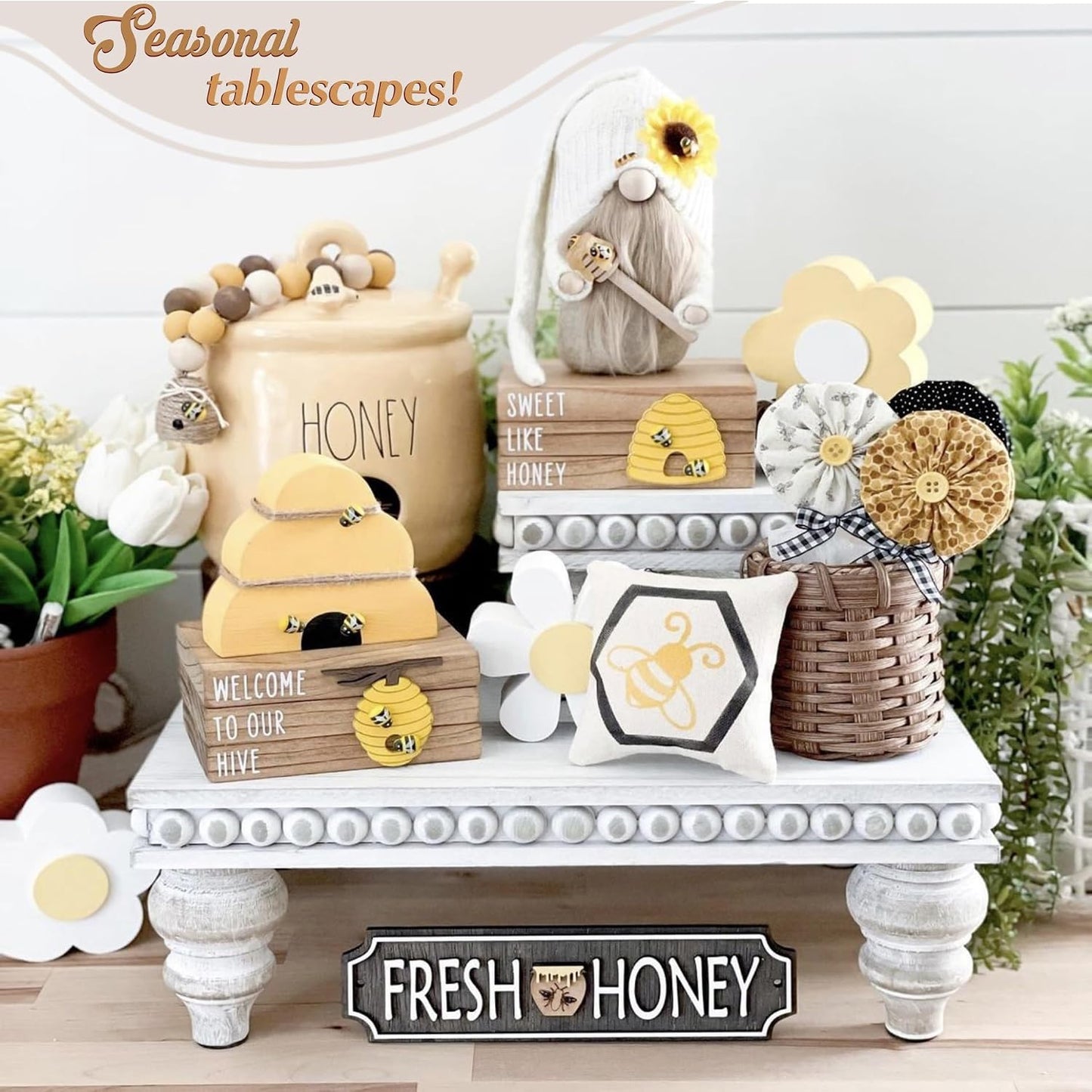 Decorative Tray [Set of 3] Wooden Tiered Tray Stand Display Risers - Tiered Tray Decor for Tabletop Use, Kitchen