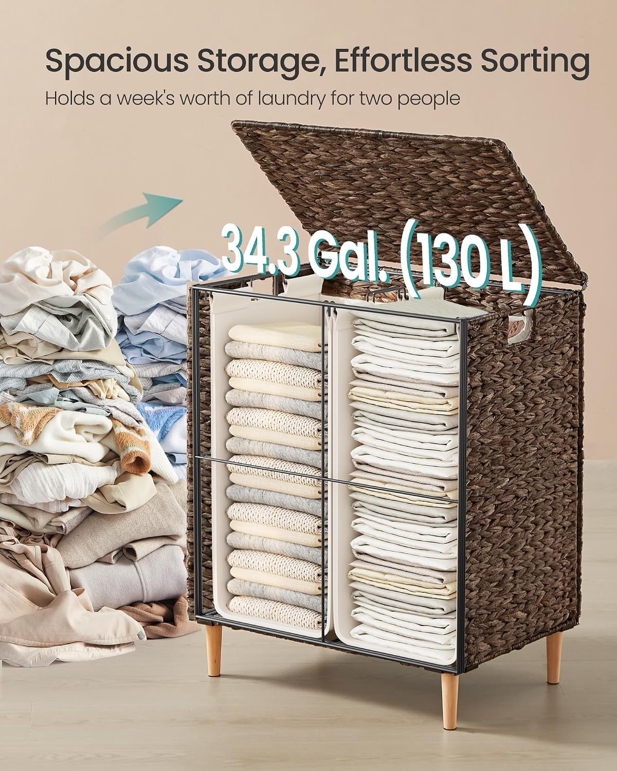 34.3 Gal. Handwoven Water Hyacinth Wicker Laundry Basket / 130 L / Espresso / Natural