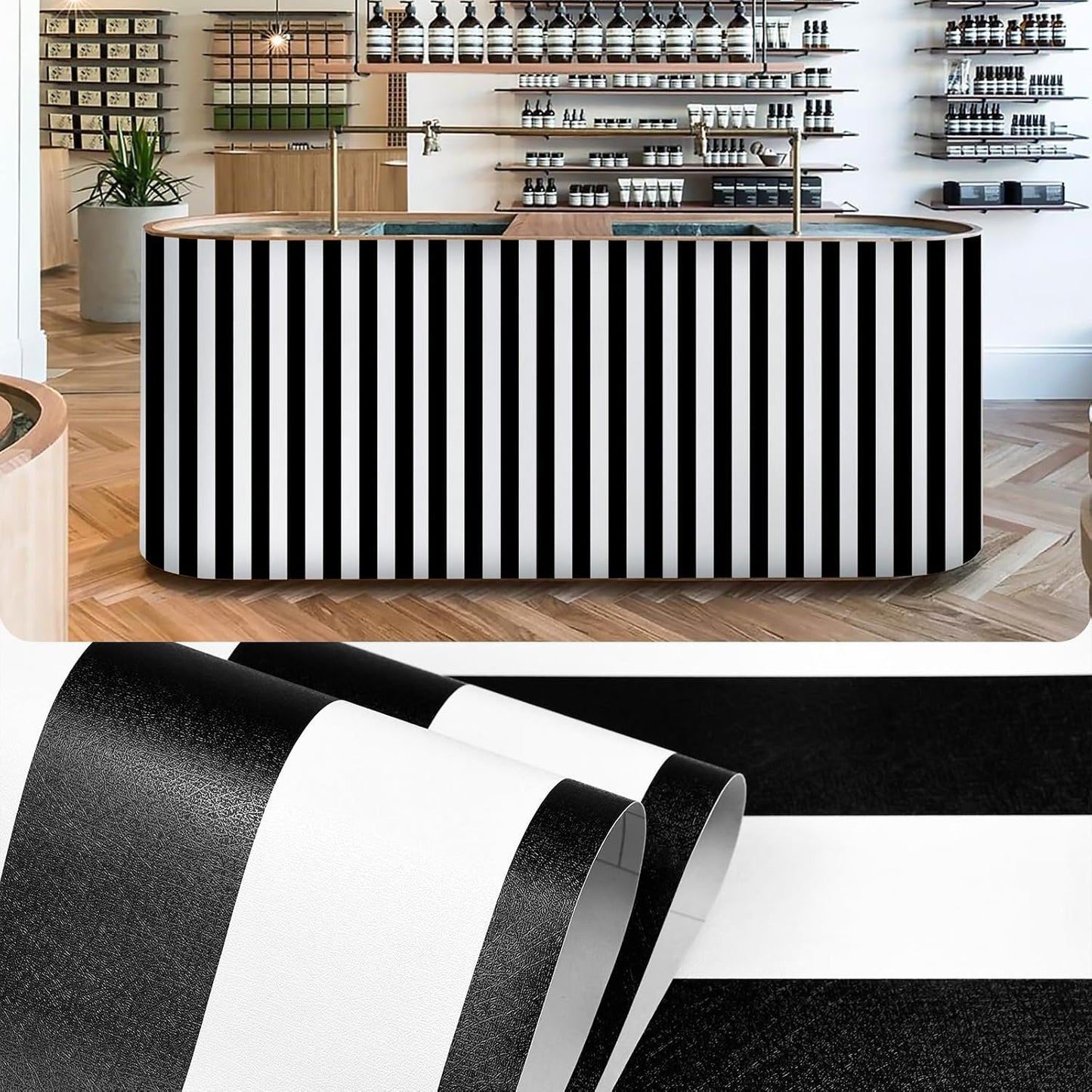 White Striped Wallpaper " Removable Striped Peel and Stick Wallpaper Waterproof / Black / 17.3 x 120