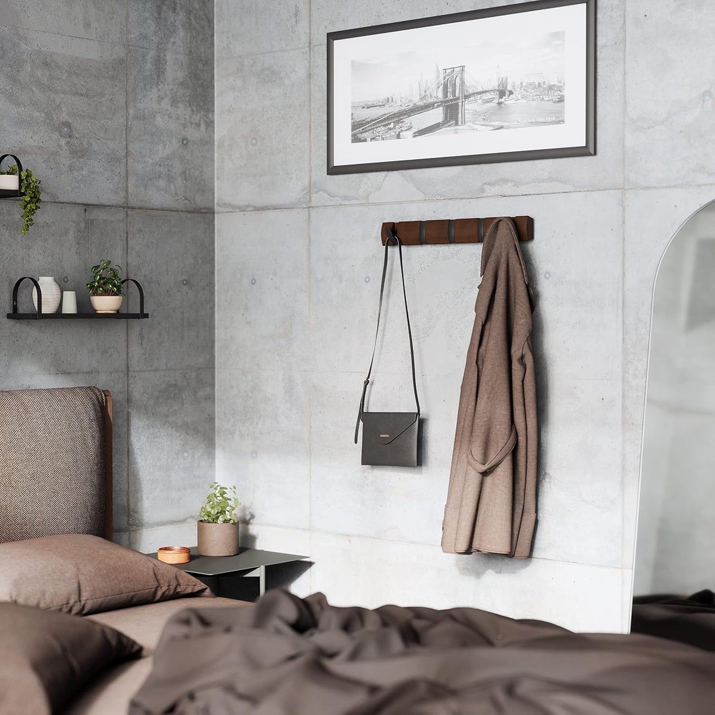 Umbra Flip Coat Rack, Wall Mounted 5-Hook Space Saving, Walnut/Black | Real wood and steel build, retractable hooks