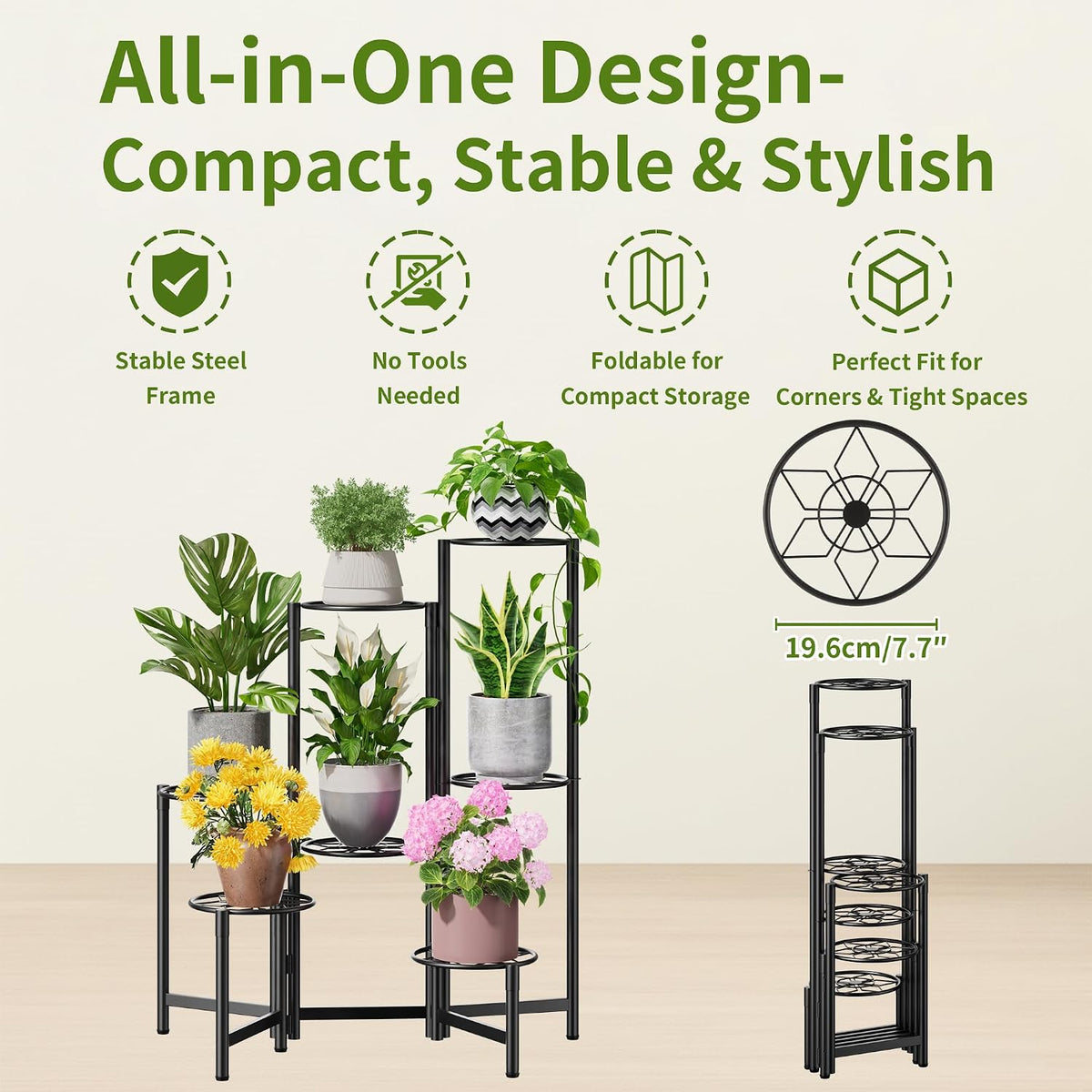 7 Tier Metal Patio Plant Stand Outdoor, Heavy Duty Flower Stands for Indoor Plants, Floding Tall Corner Shelf for