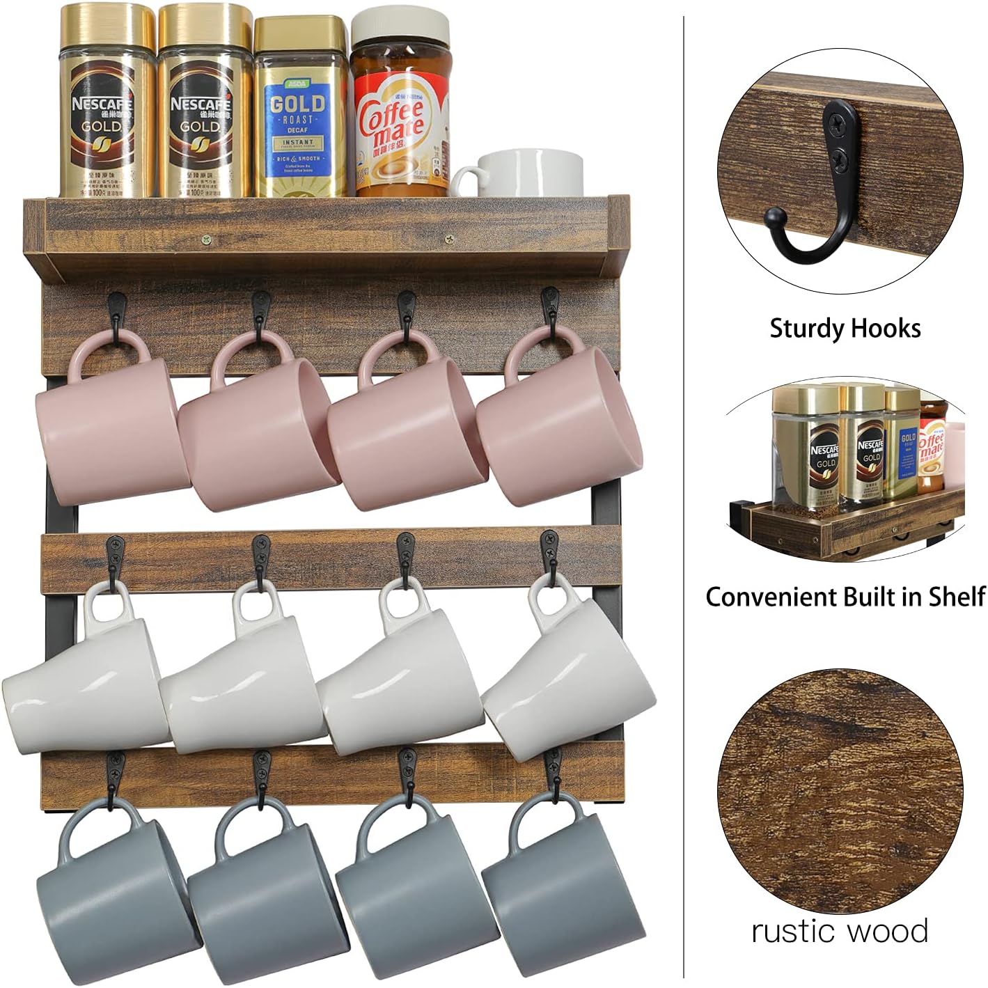 OROPY Coffee Mug Rack Wall Mounted, Rustic Wood Cups Rack, 12 Hooks & Shelf | Coffee Mug Holder for Home Kitchen