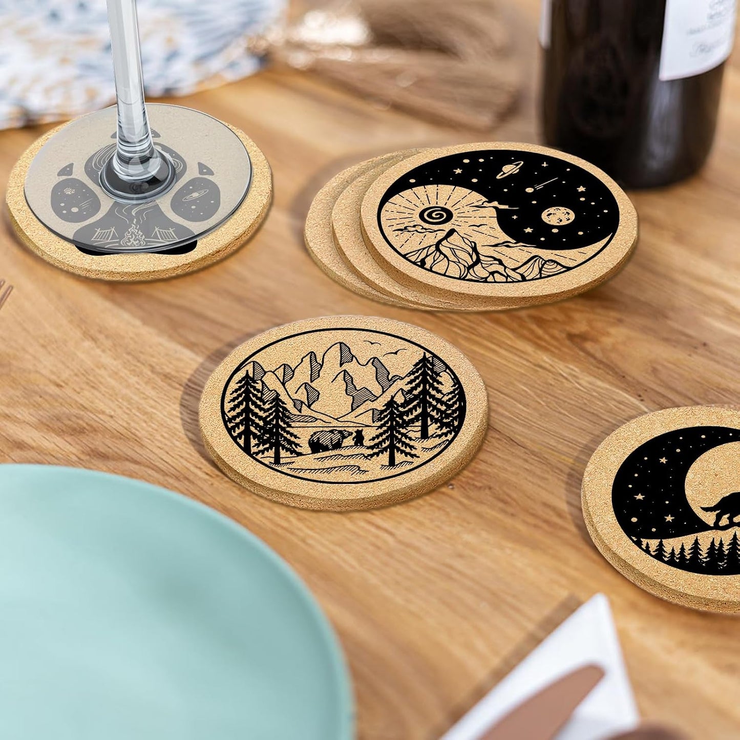 Holder / Cork Coaster Absorbent Wood for Cup Desk Office Table Kitchen Decor / Mountain / Set of 6