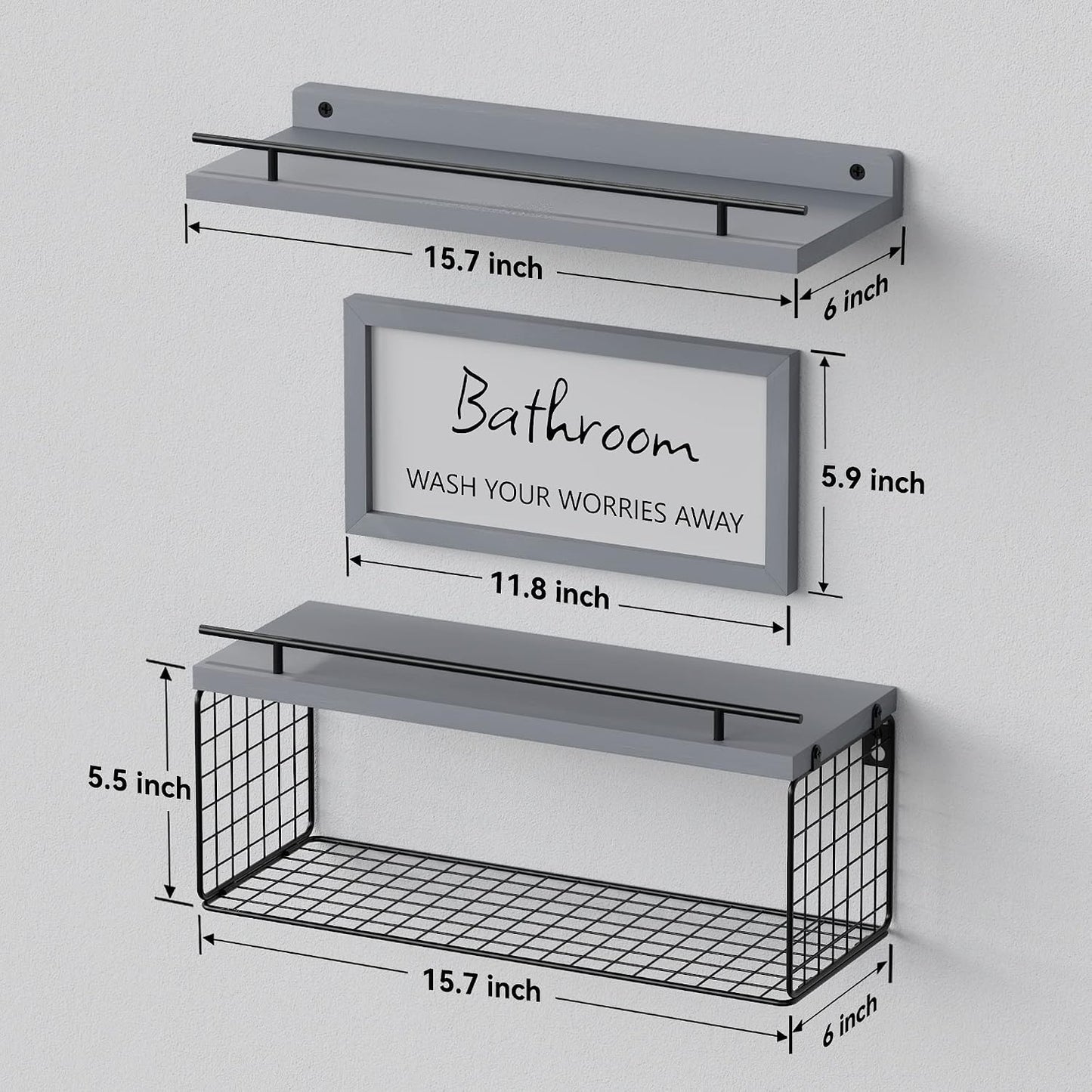 Floating Shelves for Bathroom Decor Art, Modern Grey | Bathroom Organizers and Storage, Wall Shelves Over Toilet with