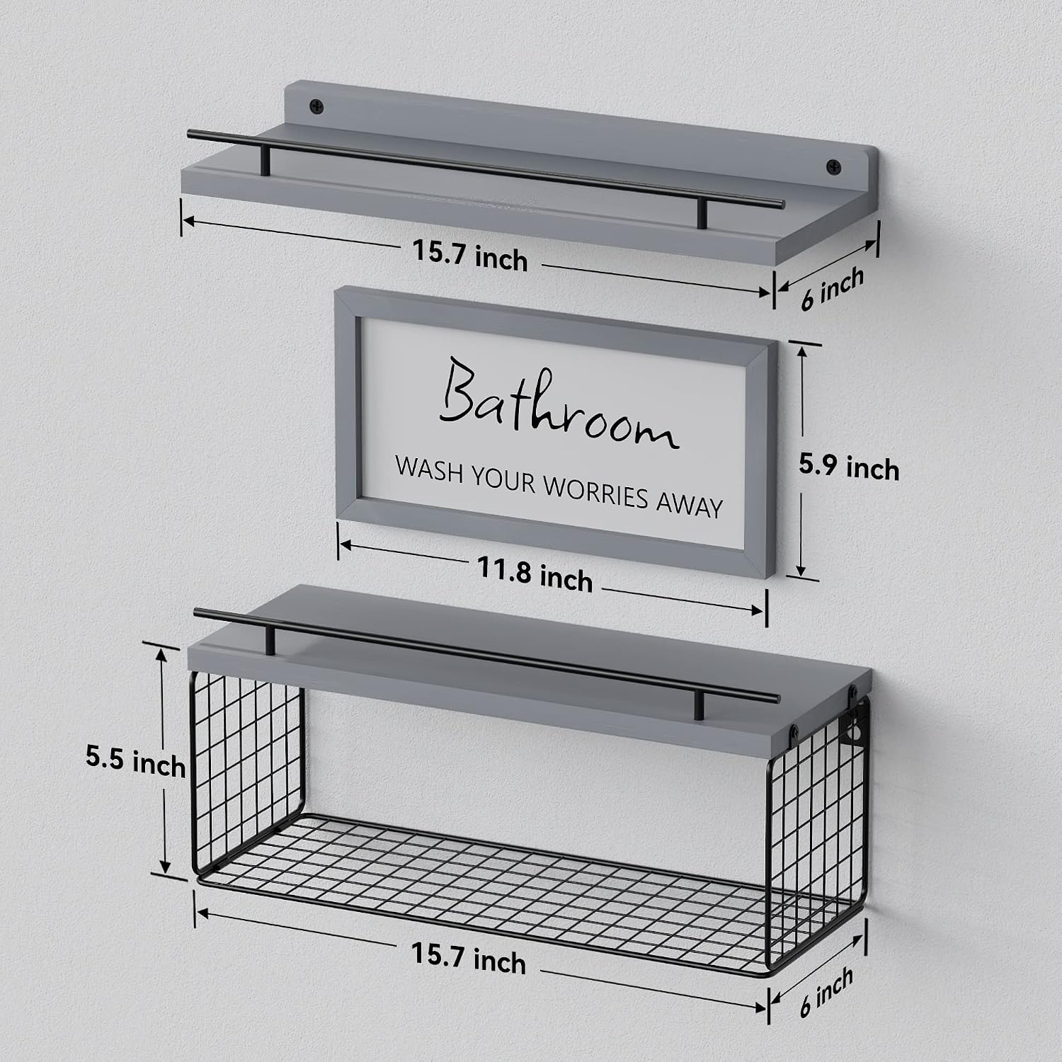 Floating Shelves for Bathroom Decor Art, Modern Grey | Bathroom Organizers and Storage, Wall Shelves Over Toilet with