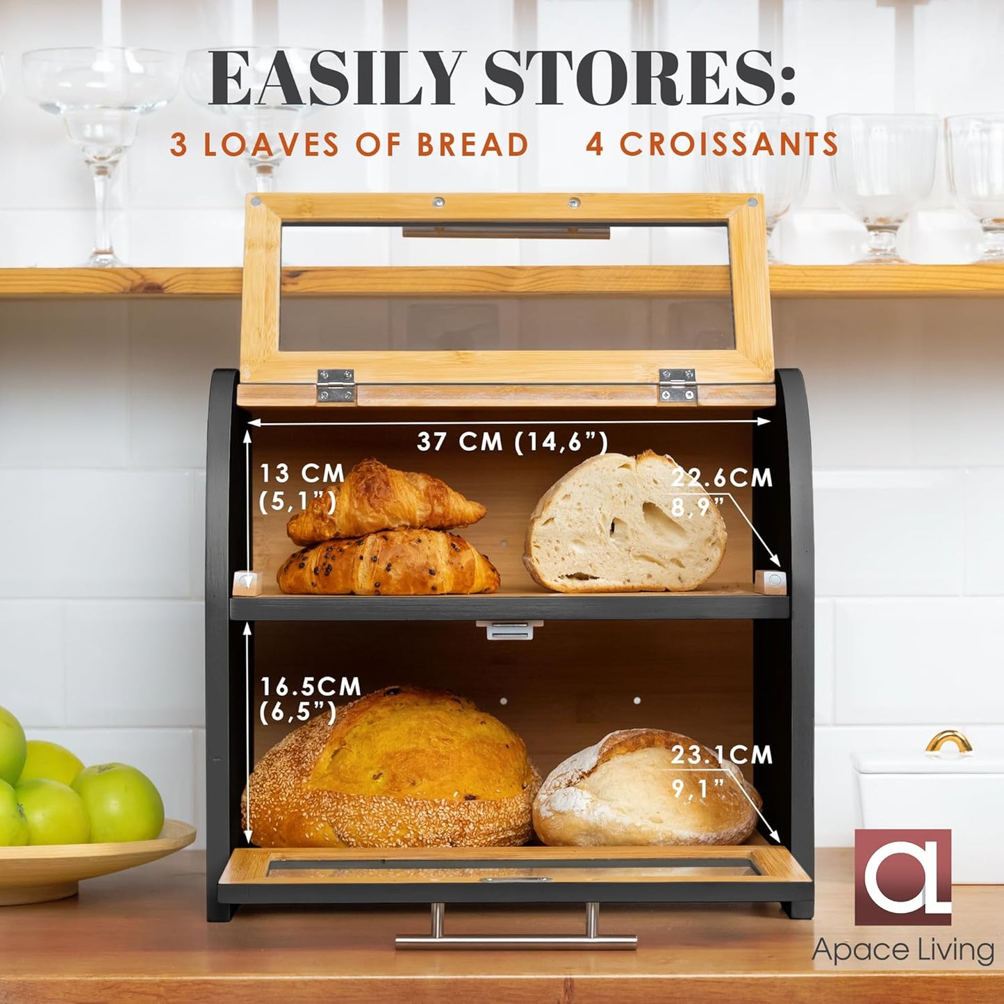 Arise Stylish Bamboo Bread Box for Kitchen Countertop, Extra Large 2-Shelf Wooden Bread Storage Container with Clear