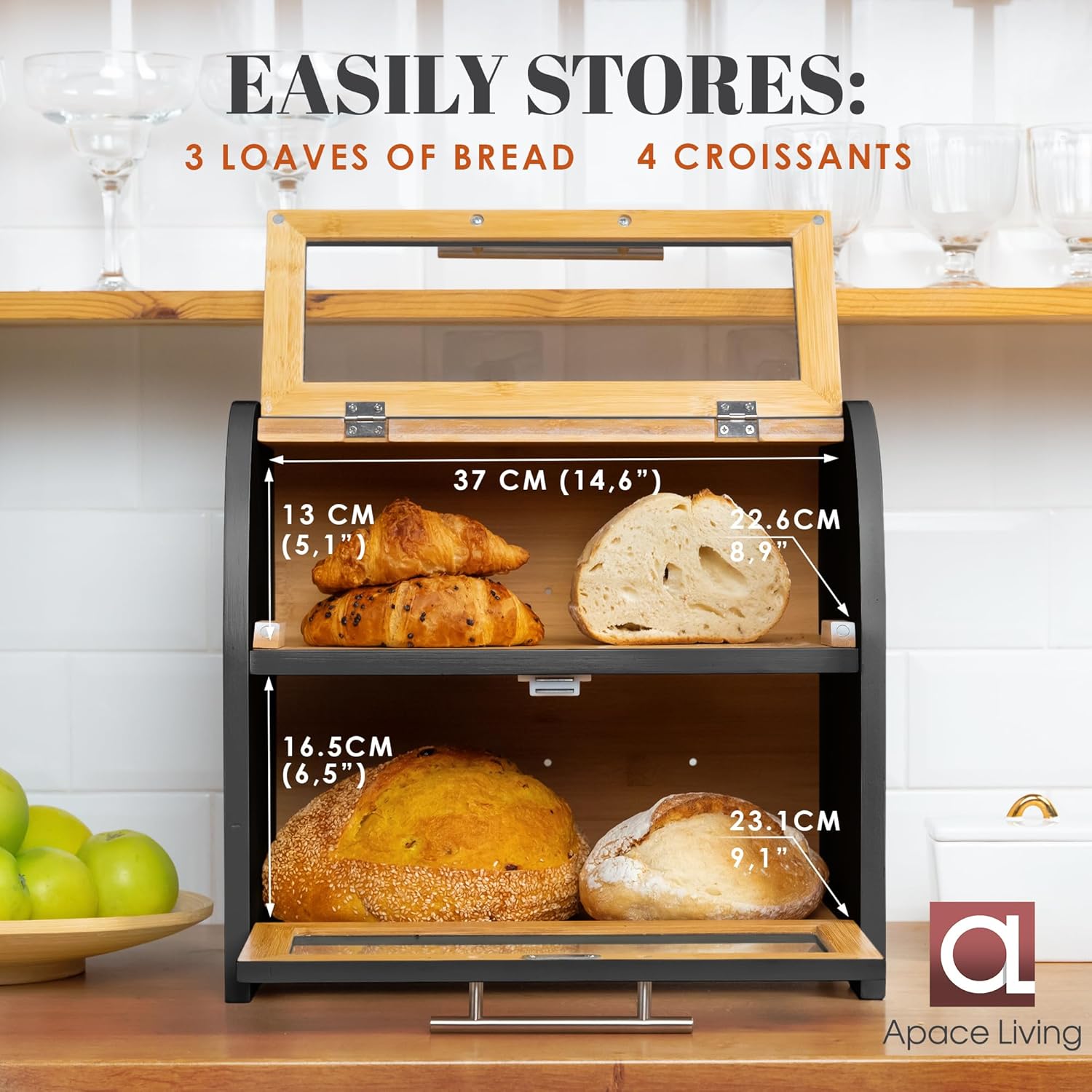 Arise Stylish Bamboo Bread Box for Kitchen Countertop, Extra Large 2-Shelf Wooden Bread Storage Container with Clear