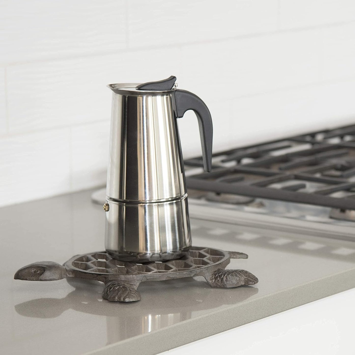 GASARÉ, Cast Iron Trivet for Hot Dishes, Pots, and Pans, Metal Trivet, Sea Turtle Design, Rubber Feet Caps, Ring