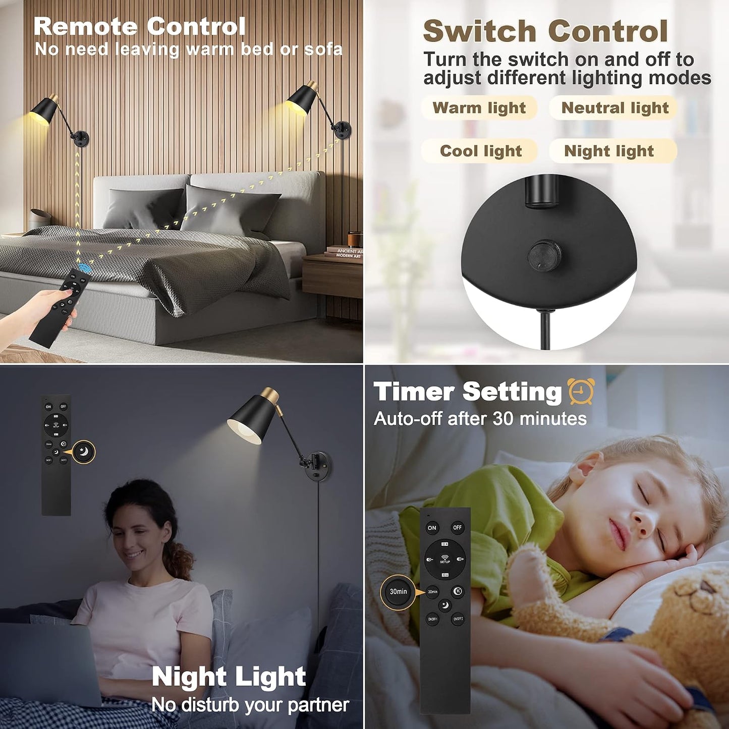 Plug in Wall Sconces with Remote, Adjustable Colors 2700K-6500K & Brightness 10%-100%, Swing Arm Wall Lamp, Wall