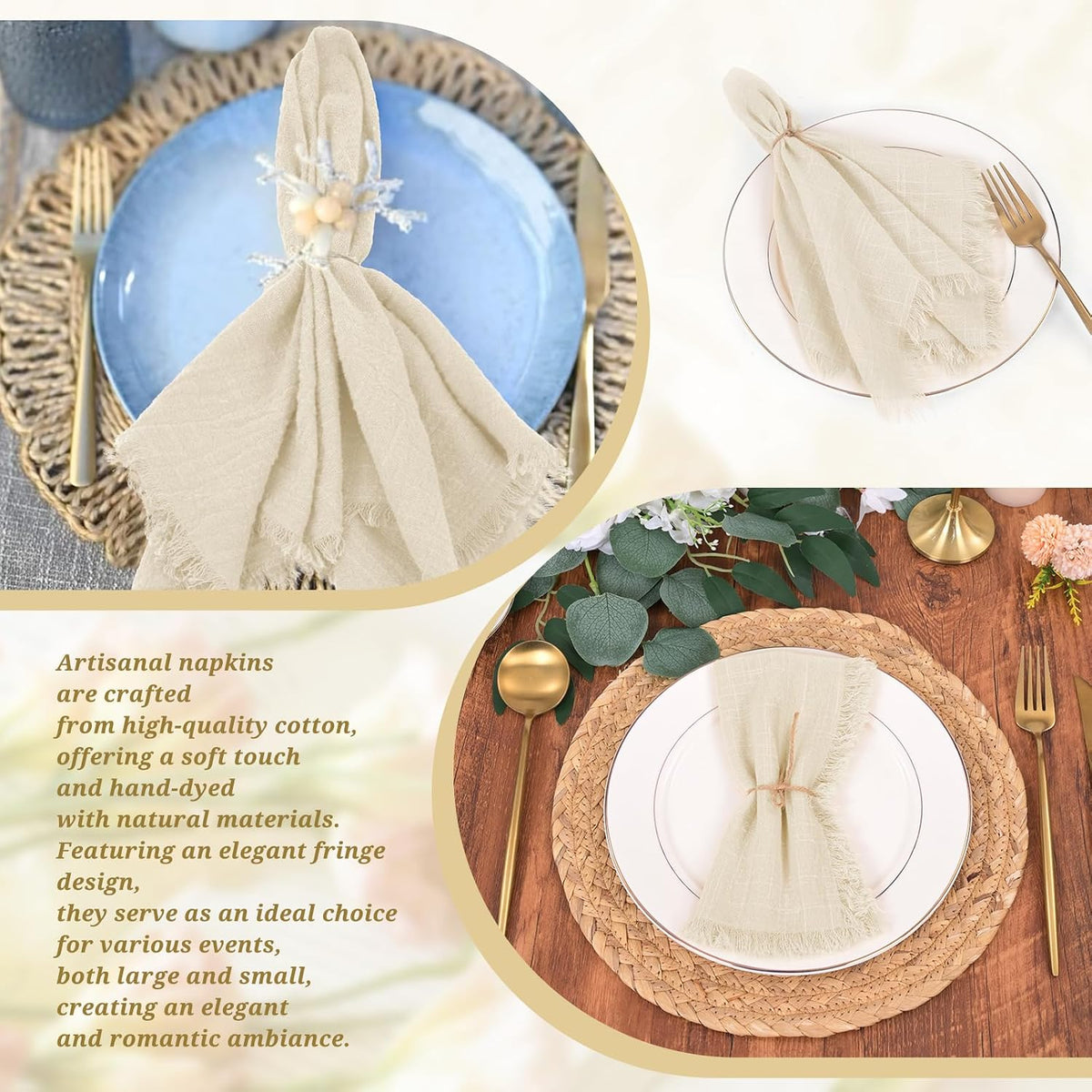 Pesonlook 30 PCS Cotton Linen Napkins with Fringe,16x16Inch, Natural Linen | Handmade Napkins Cloths, Tassel Design
