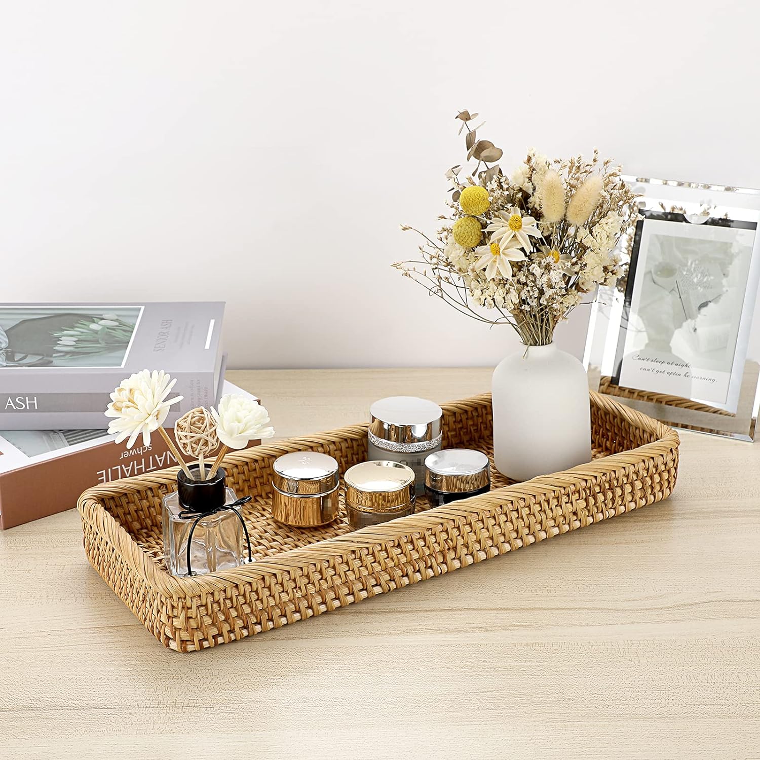 Rattan Bathroom Vanity Tray / Yellow / 16 x 6.5 x 1.8