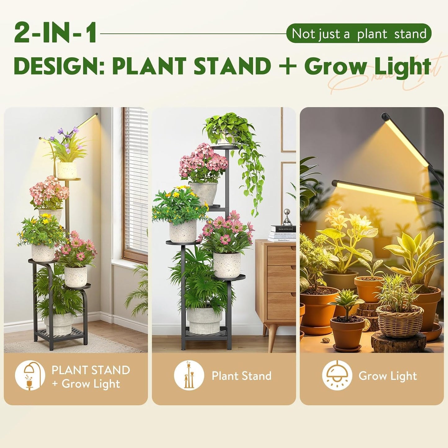 TOSKING Tall 5-Tier Metal Plant Stand with Grow Light for Indoor Corners | Black | Full-Spectrum Lighting | Adjustable