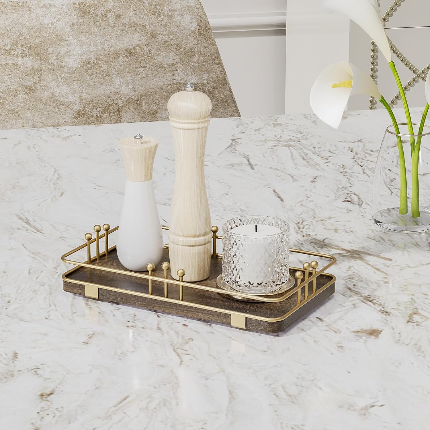 Kitchen Tray for Soap Dispenser Spice Salt / 7.9 x 4.4 x 1.6 / Brown + Gold