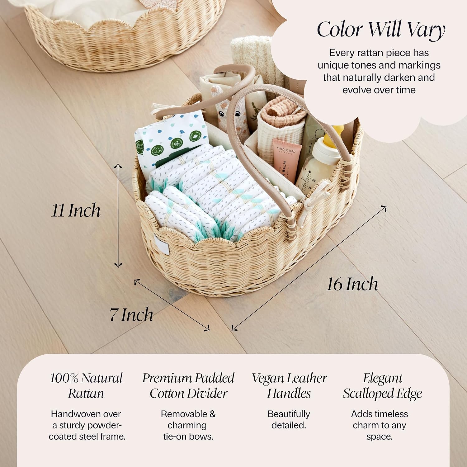Handmade & Award-Winning Scalloped Rattan Basket / Natural