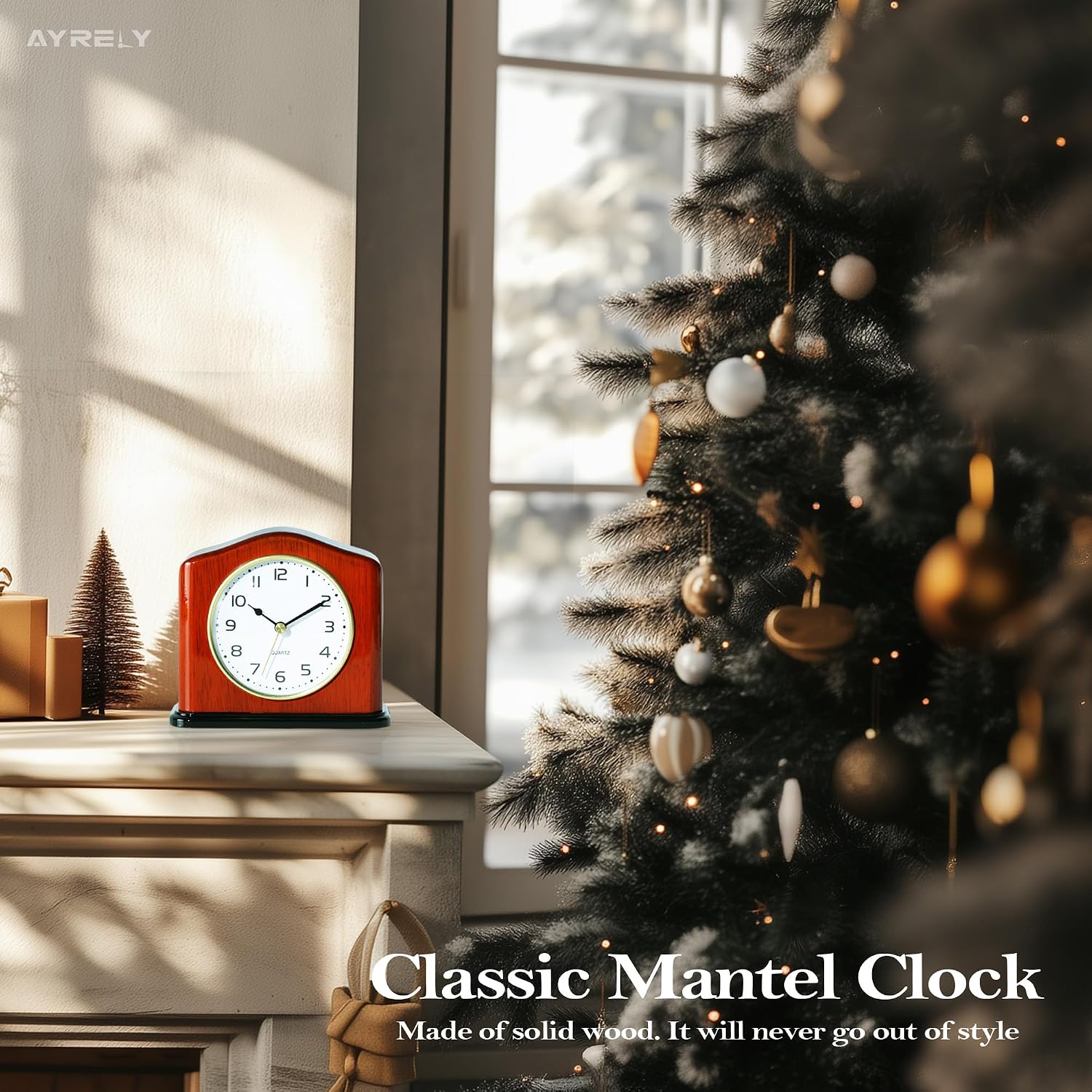 AYRELY® Mantel Clock, Handcrafted Solid Wood Desk Clock with Silent Movement, Piano-Gloss Finish, Elegant Table Clock