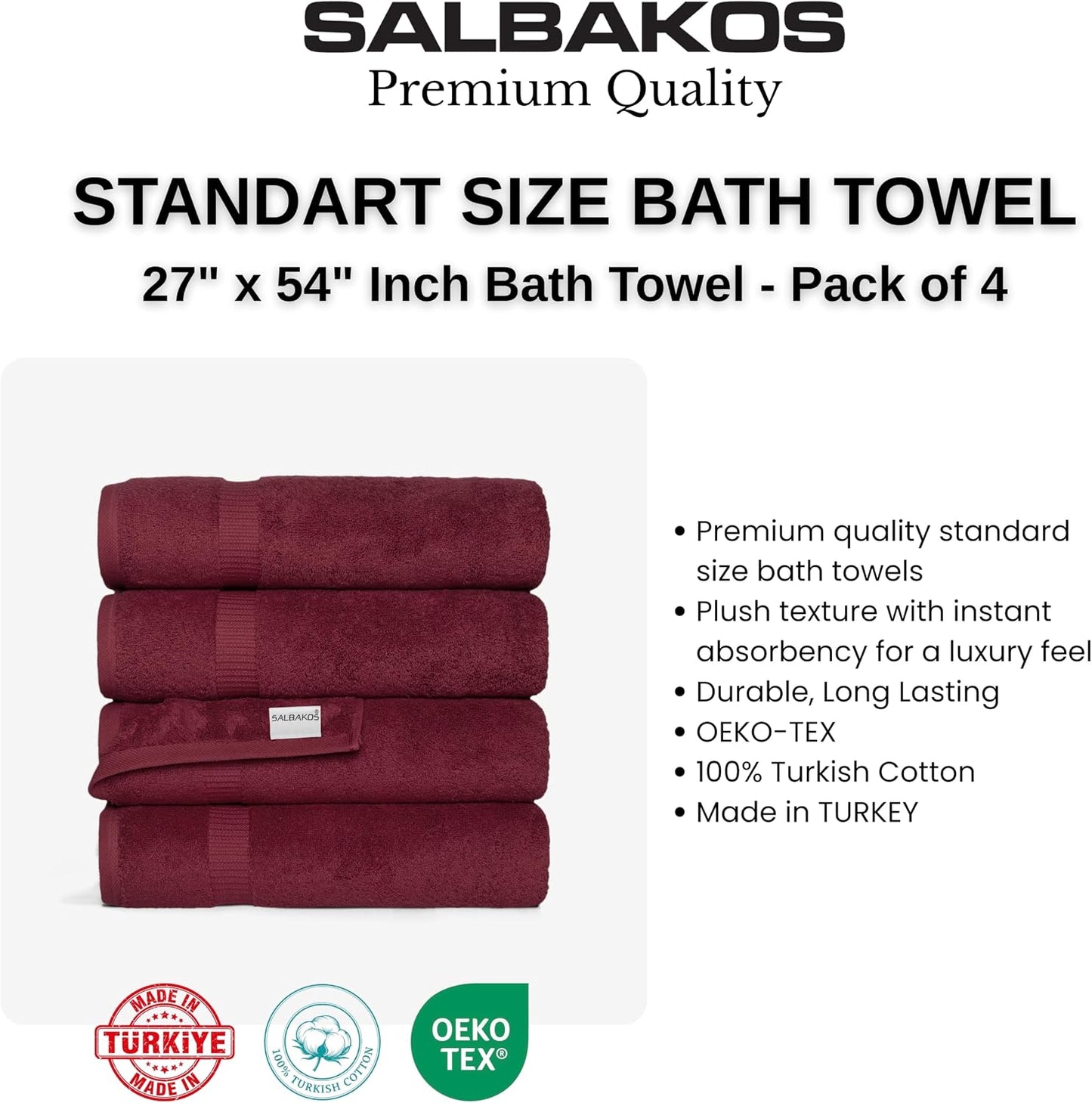 SALBAKOS 4-Piece 100% Turkish Cotton Bath Towels, 27x54 inch, Wine | Standard Size, 630 Gsm Thick Super Soft Highly