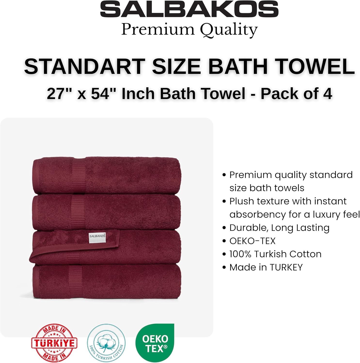 SALBAKOS 4-Piece 100% Turkish Cotton Bath Towels, 27x54 inch, Wine | Standard Size, 630 Gsm Thick Super Soft Highly