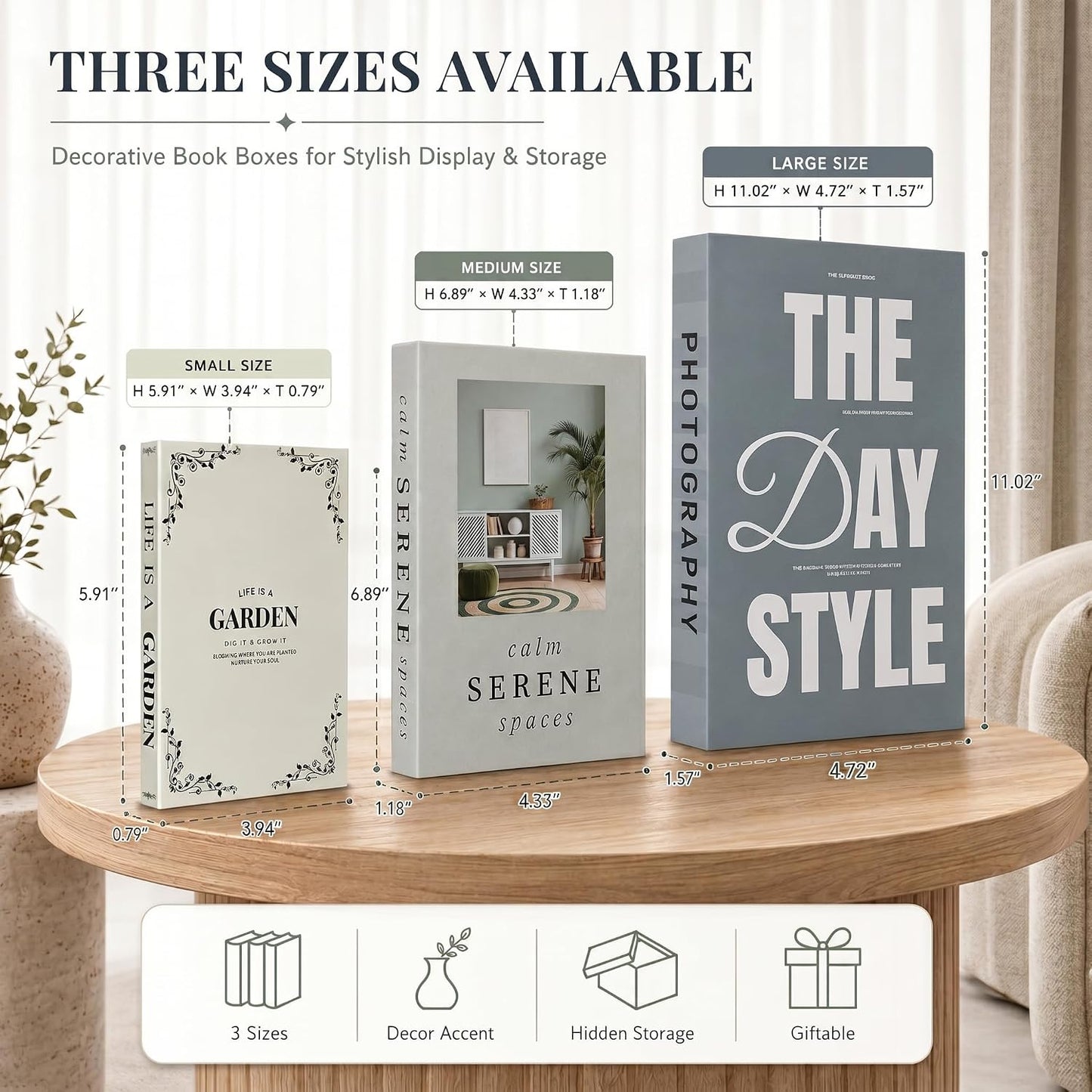 Faux Book Storage Boxes / Sage-beige / 3 Books / Set of 3