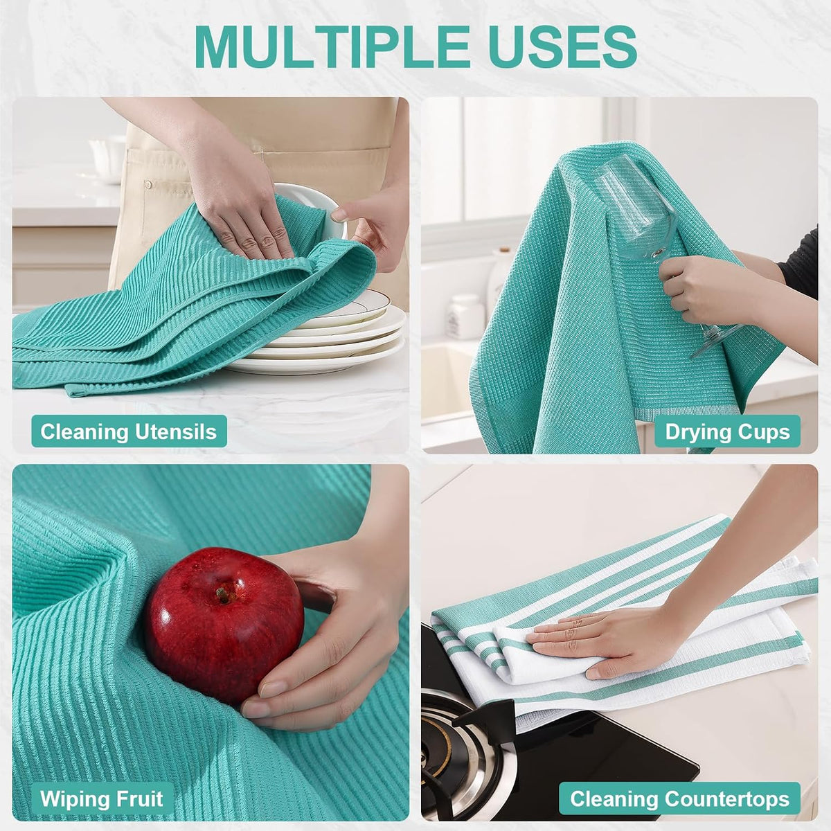 Homaxy Cotton 380 GSM Premium Kitchen Towels, 18"x 28", 9 Pack, Teal | Soft and Absorbent Terry Dish Towels