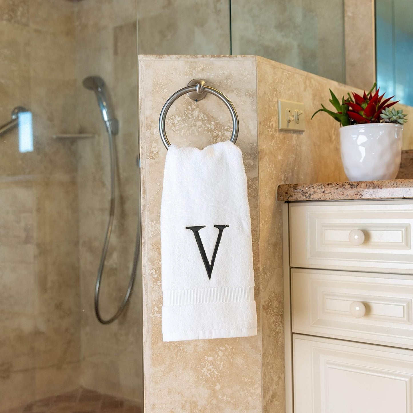 White with Dark Gray Monogrammed Hand Towels for Bathroom Set of 2 Letter V | Luxury Hotel Quality Initial Towels For