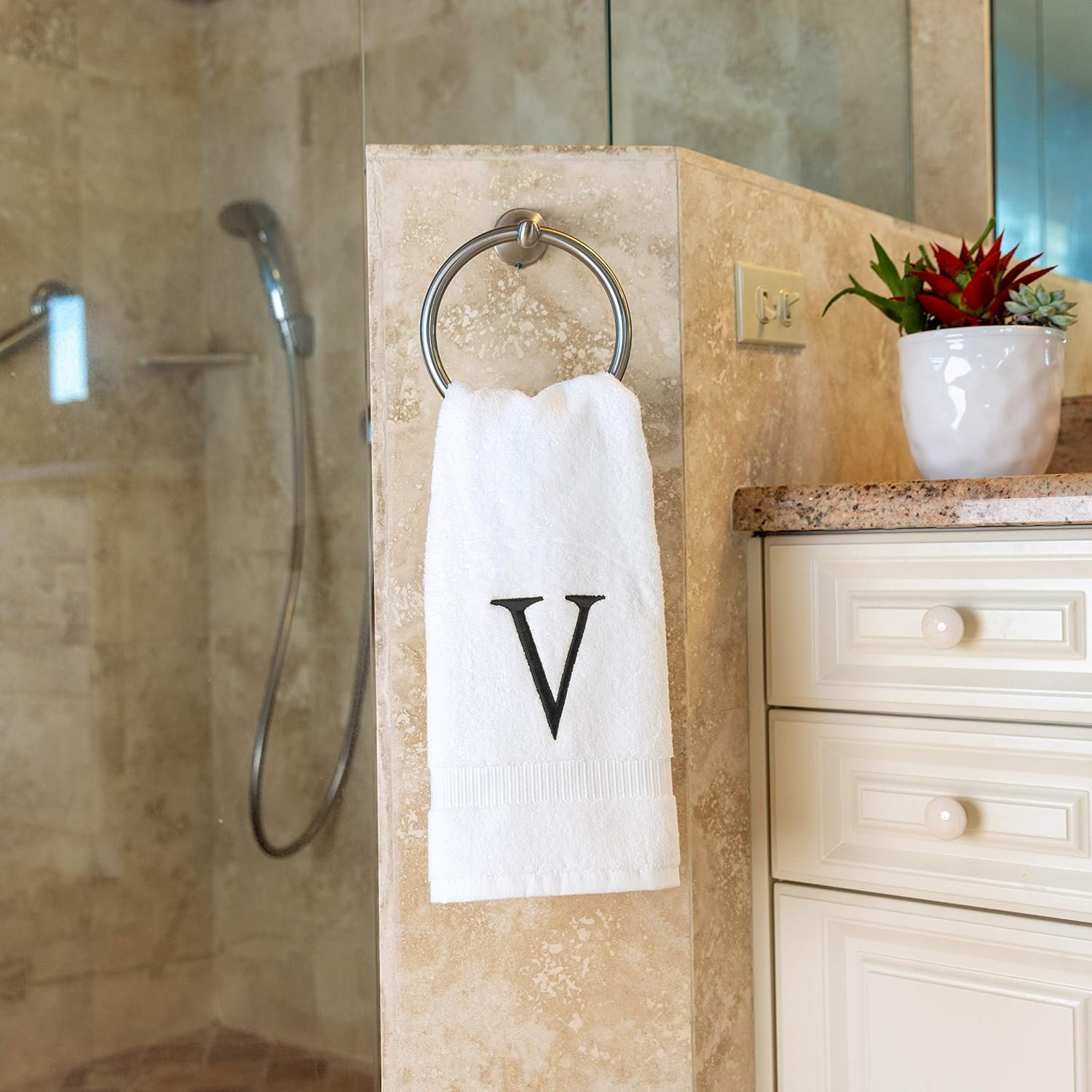 White with Dark Gray Monogrammed Hand Towels for Bathroom Set of 2 Letter V | Luxury Hotel Quality Initial Towels For