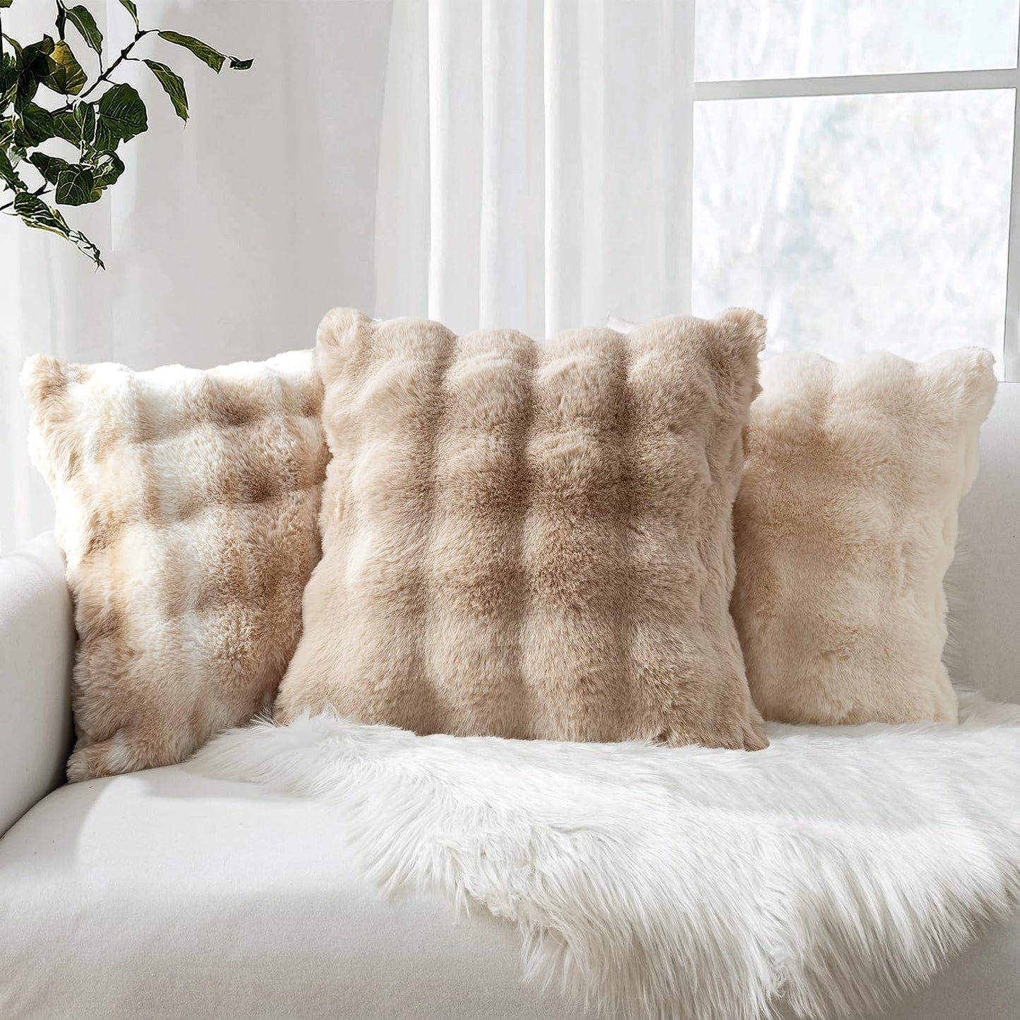 Faux Fur Pillow Covers Thick Soft Plush Throw Pillows Spring Home Decor / 18 x 18 / Khaki / Set of 2