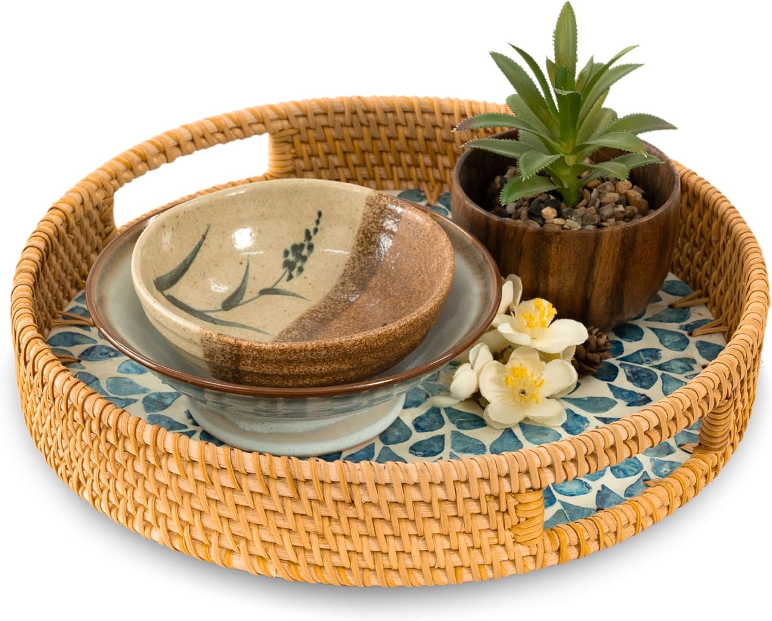 Round Rattan Tray / Blue Leaves