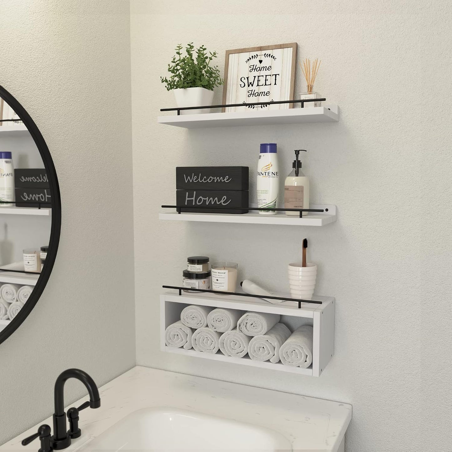 Floating Shelves for Wall with Cube Shelf, Wall Shelves with Metal Rail for Decor, Bathroom Organizers and Storage