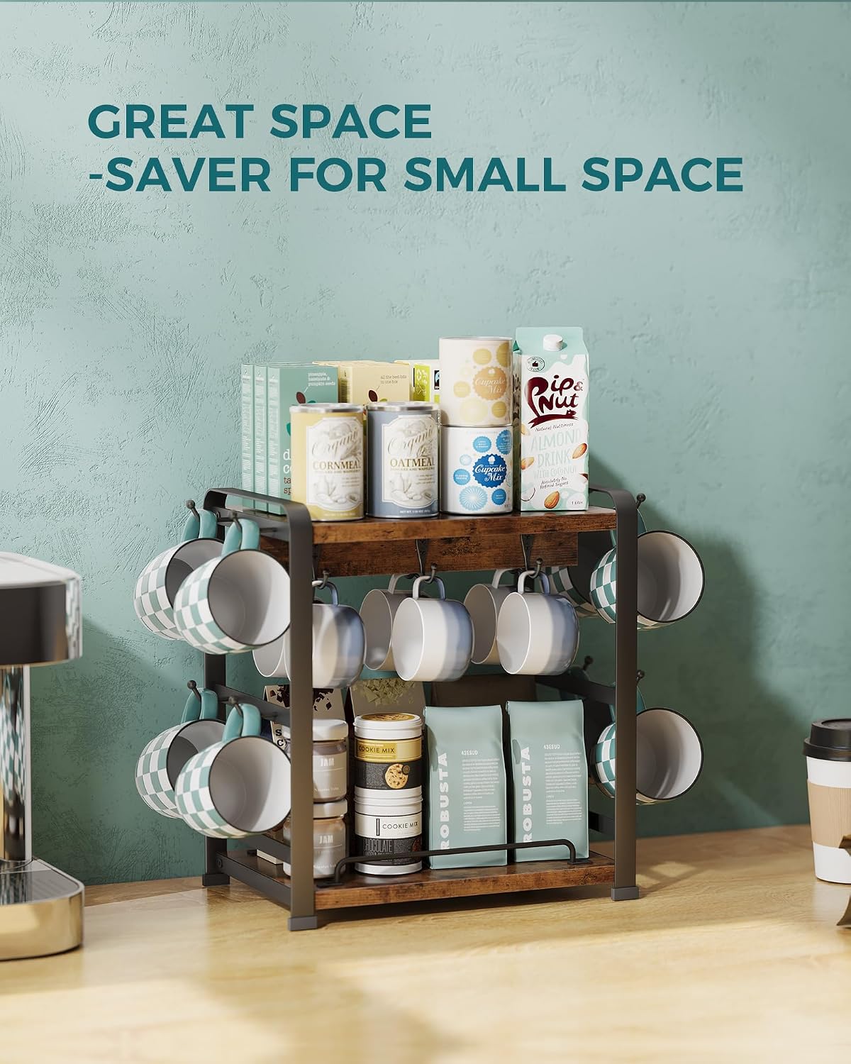 OROPY Coffee Mug Holder Countertop, Mug Rack 2 Tier Shelf & 14 Mug Hooks | Wooden Coffee Bar Station Organizer