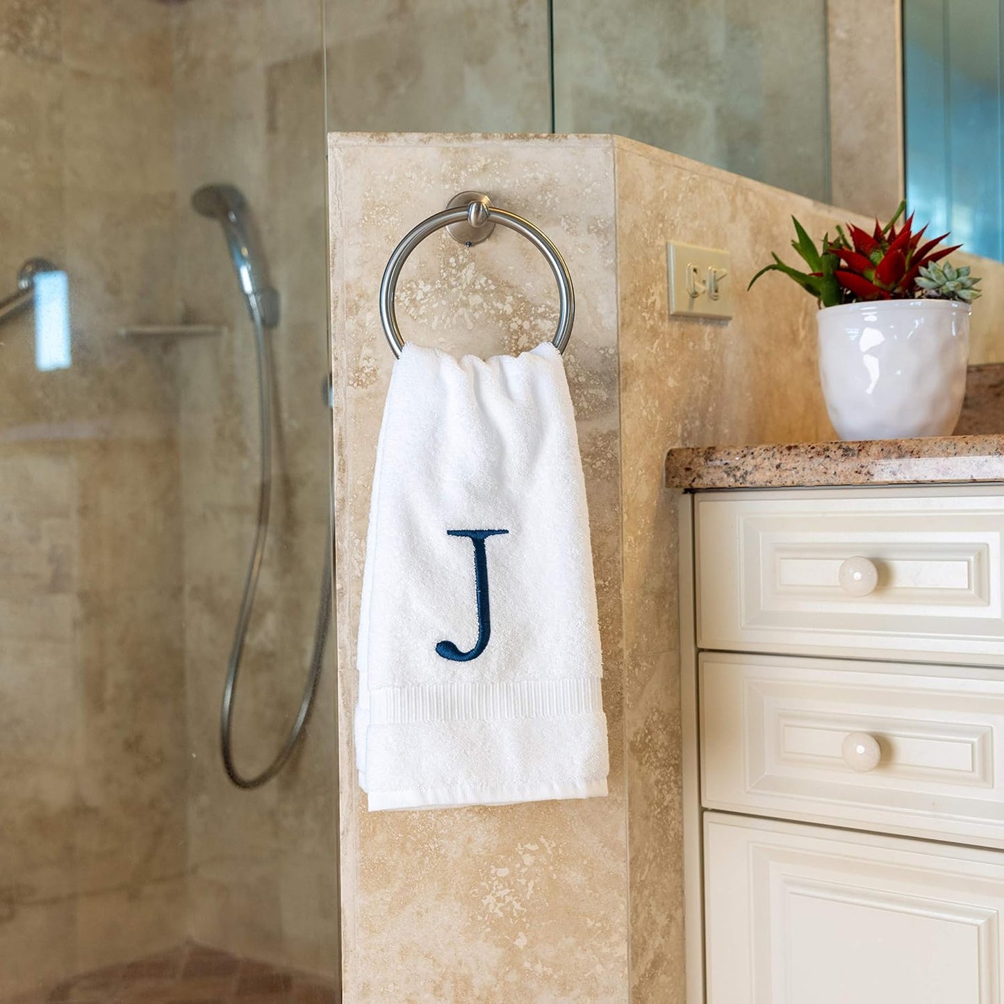 White with Navy Monogrammed Hand Towels for Bathroom - Set of 2 Letter J | Luxury Hotel Quality Initial Towels For